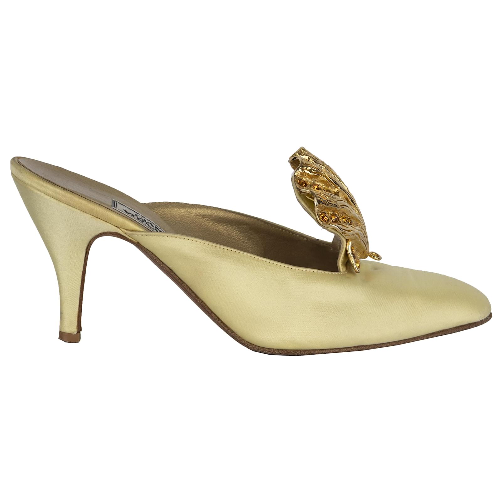 Escarpins Vintage Gianni Versace Gold Crystal Shell Cuir Doré ref