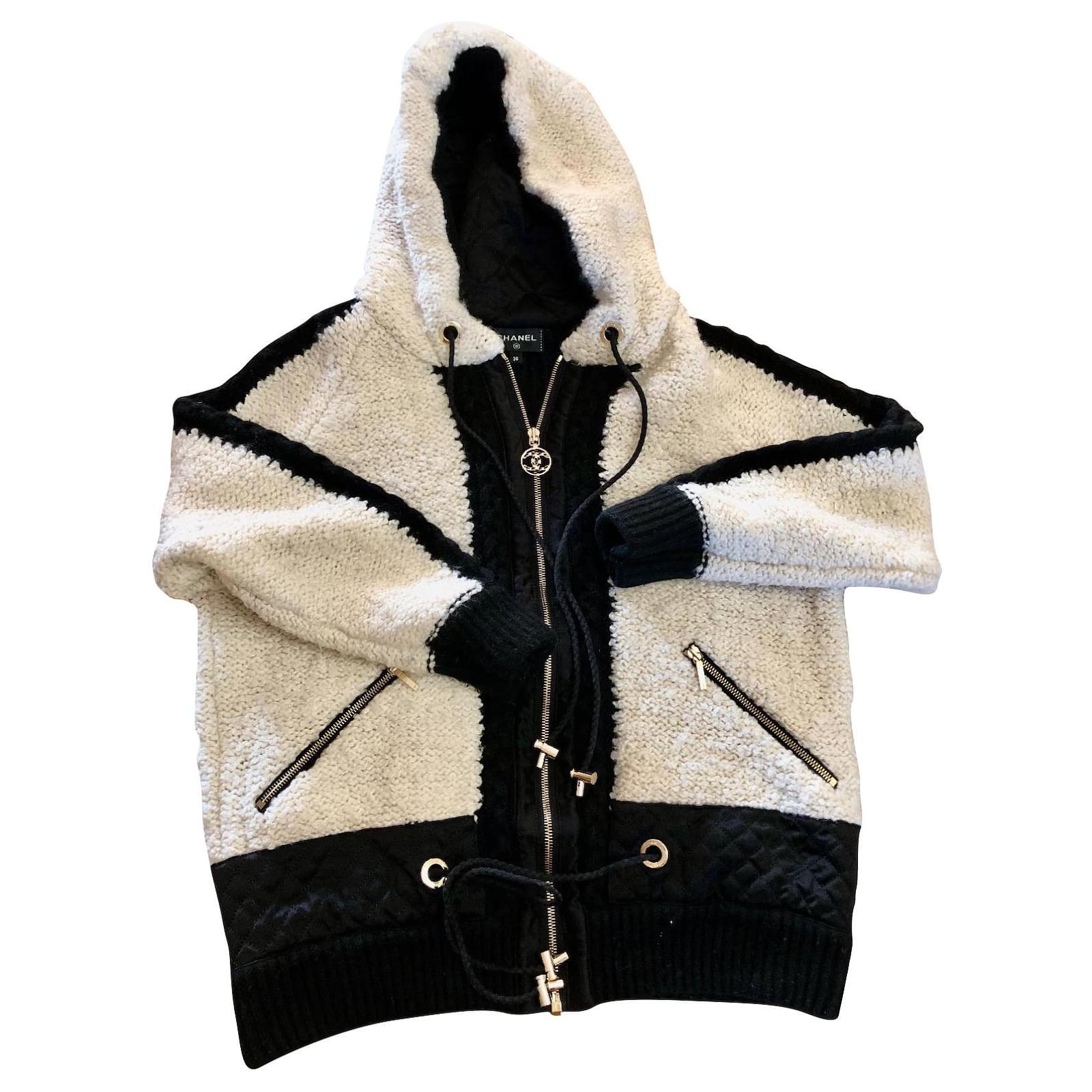 Chanel Jacket with zip and hood Black White Cashmere Wool  - Joli  Closet