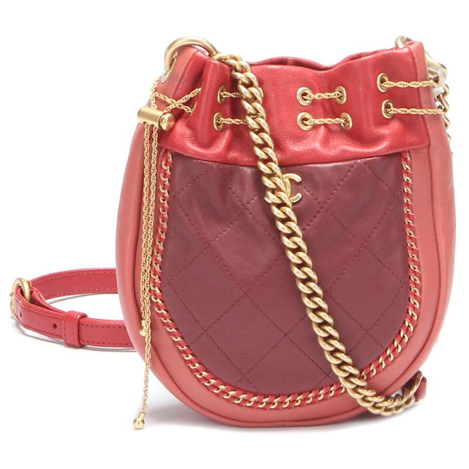 Chanel CC Quilted Drawstring Bucket Bag Red Leather Lambskin ref