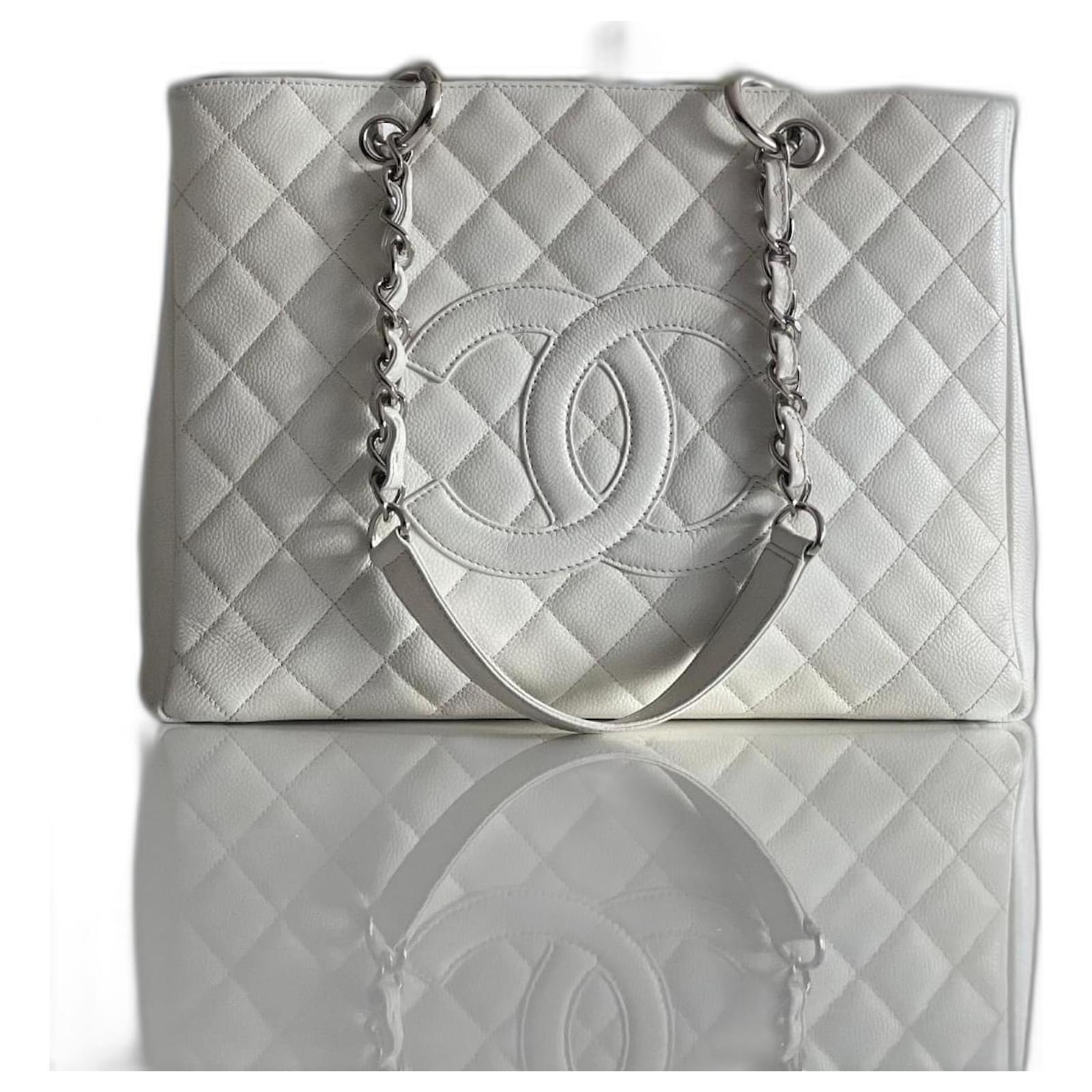 Chanel White Caviar Leather Quilted Grand Shopper Tote GST Bag For