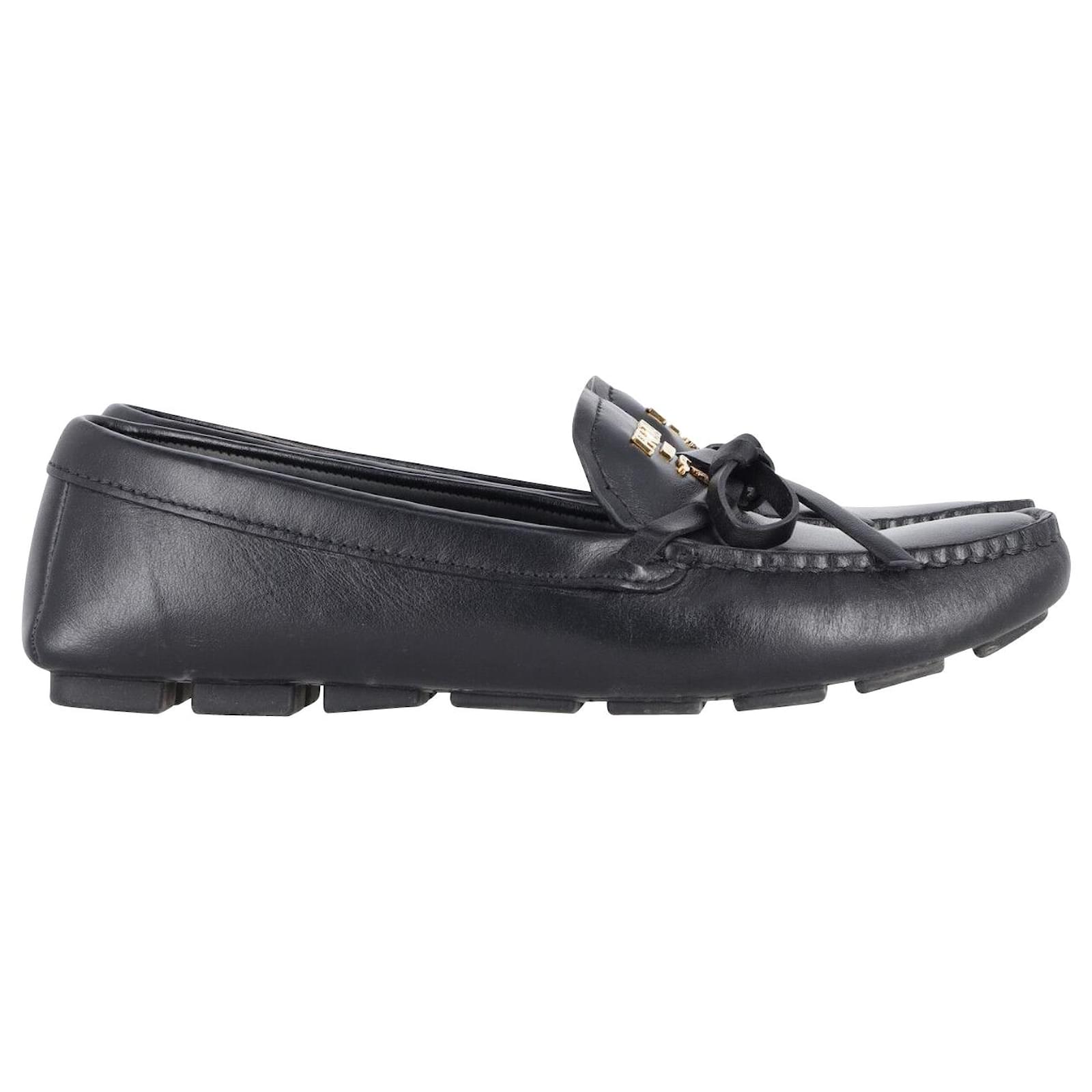 Prada Bow Detailed Driving Loafers in Black Leather Pony-style calfskin   - Joli Closet