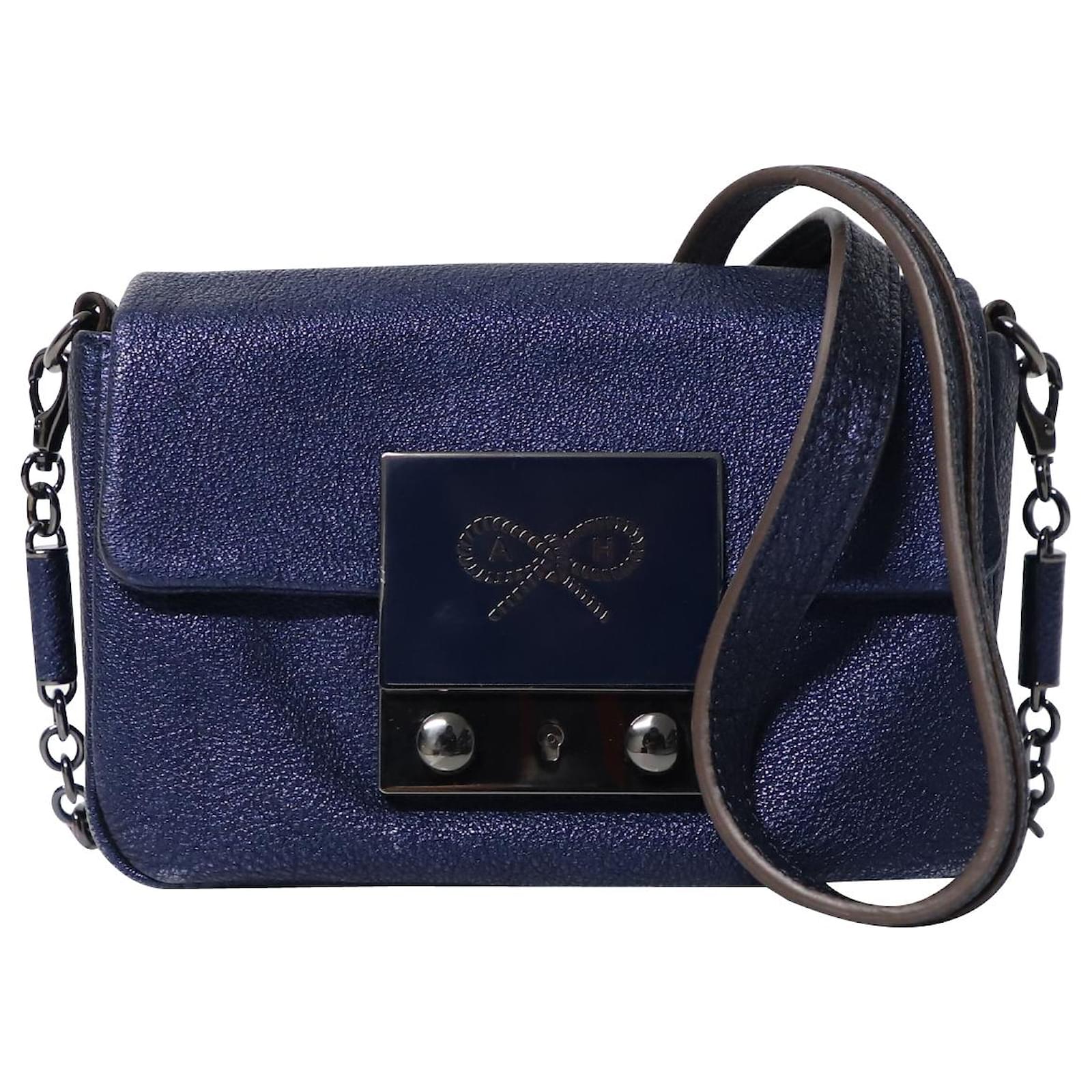 Anya Hindmarch Tiny Tim Mini Shoulder Bag in Metallic Navy Blue Leather