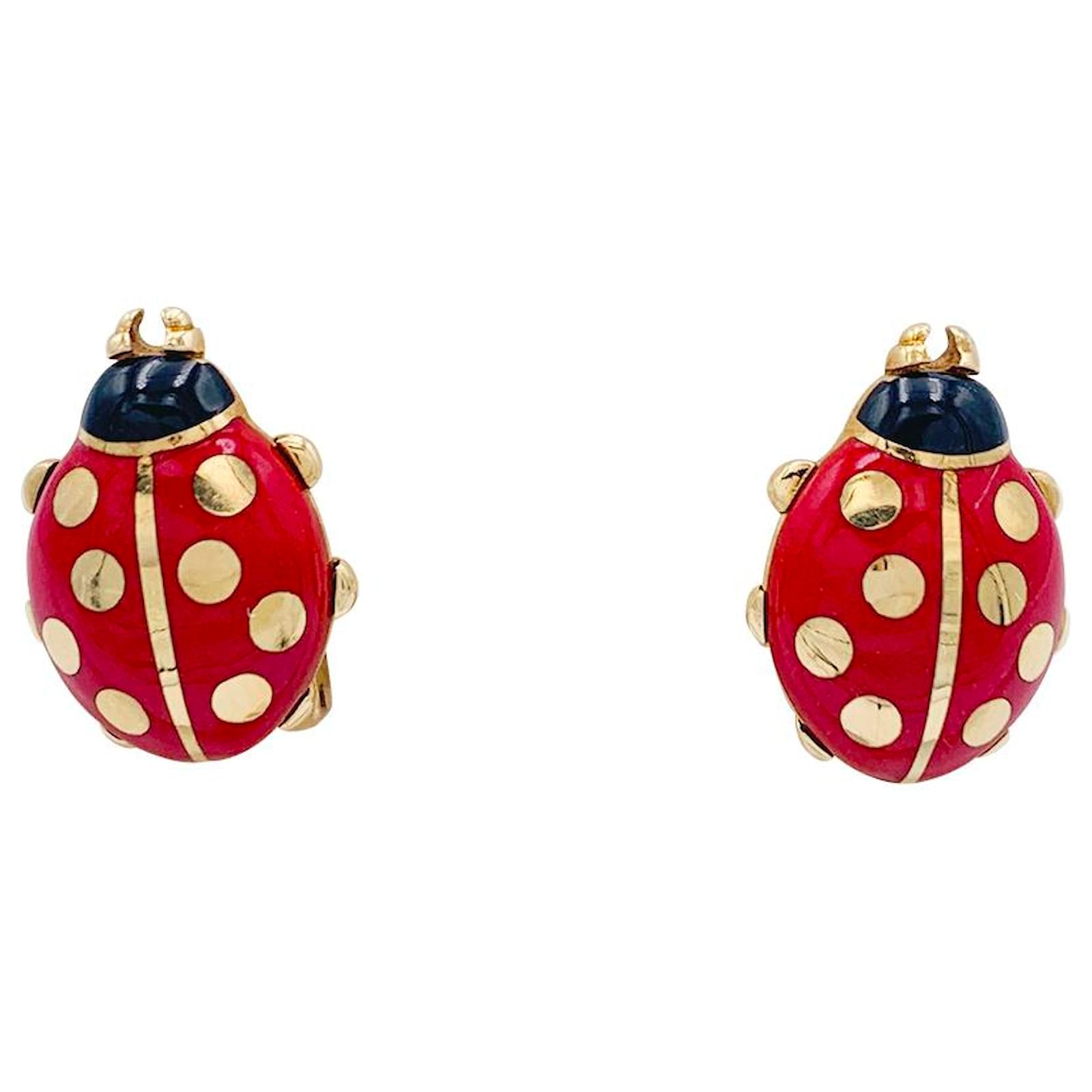 Mondepetit Marienkäfer Ohrringe – Rot-Schwarz Emaille, 18K Gelbgold, Mit Geschenkbox