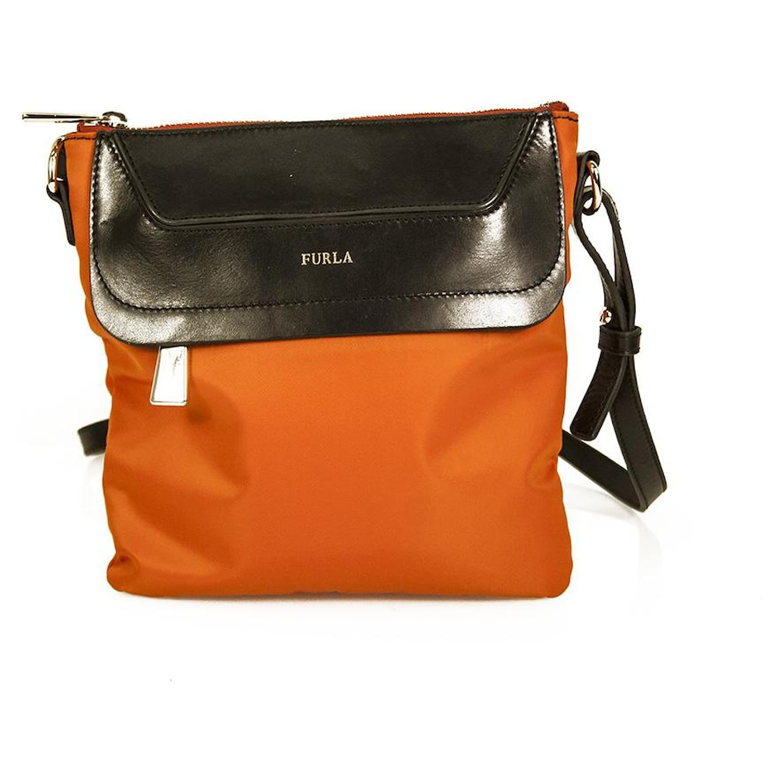 Furla Orange Canvas Black Leather Crossbody Messenger Handbag Shoulder