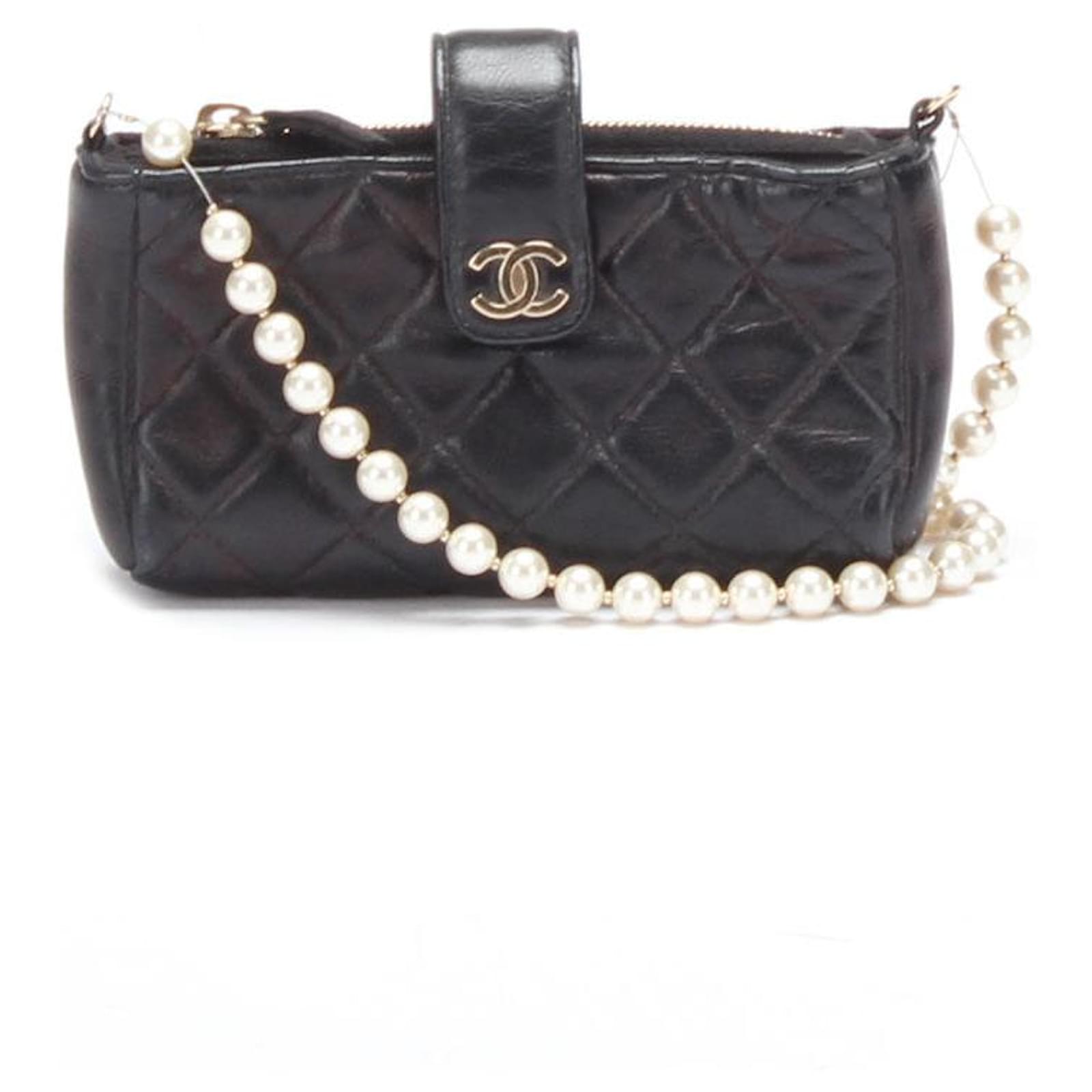 CHANEL Lambskin Quilted Pearl Wallet On Chain WOC Black 234916
