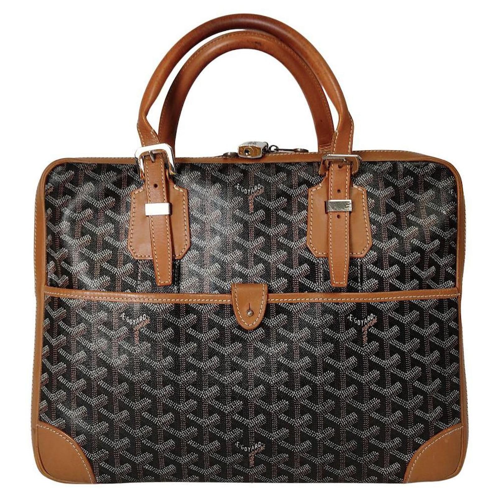 AUTHENTIC Goyard Ambassade MM Black Briefcase Strap Bag Locks Brown Painted