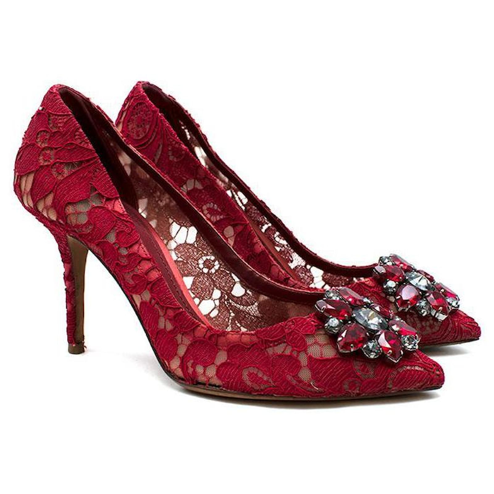 Dolce & Gabbana red Taormina lace & crystal heeled pumps Leather ref ...