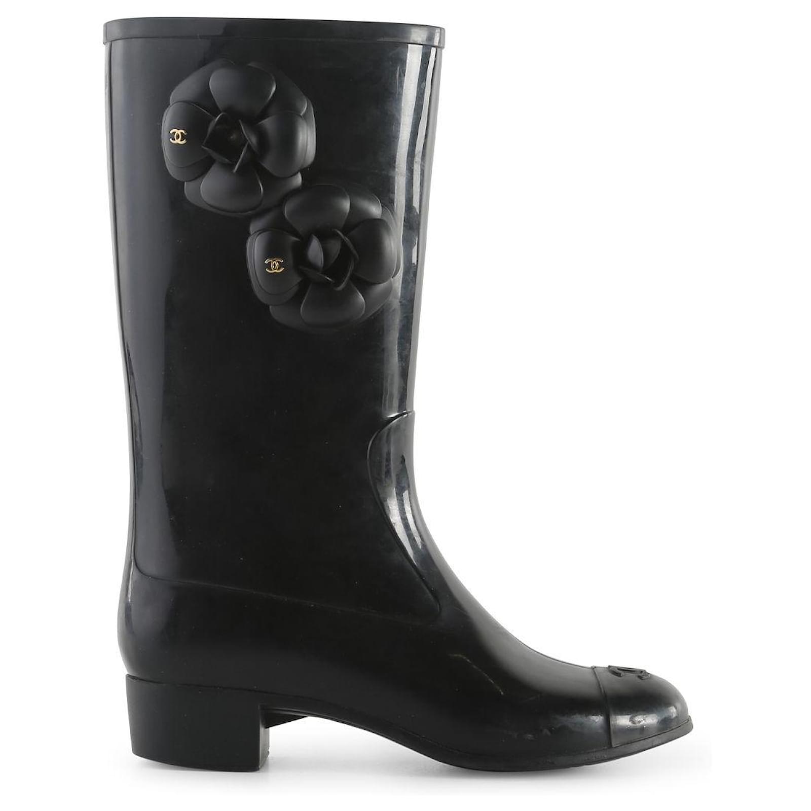 Chanel Black Rubber Camellia Rain Boots  - Joli Closet