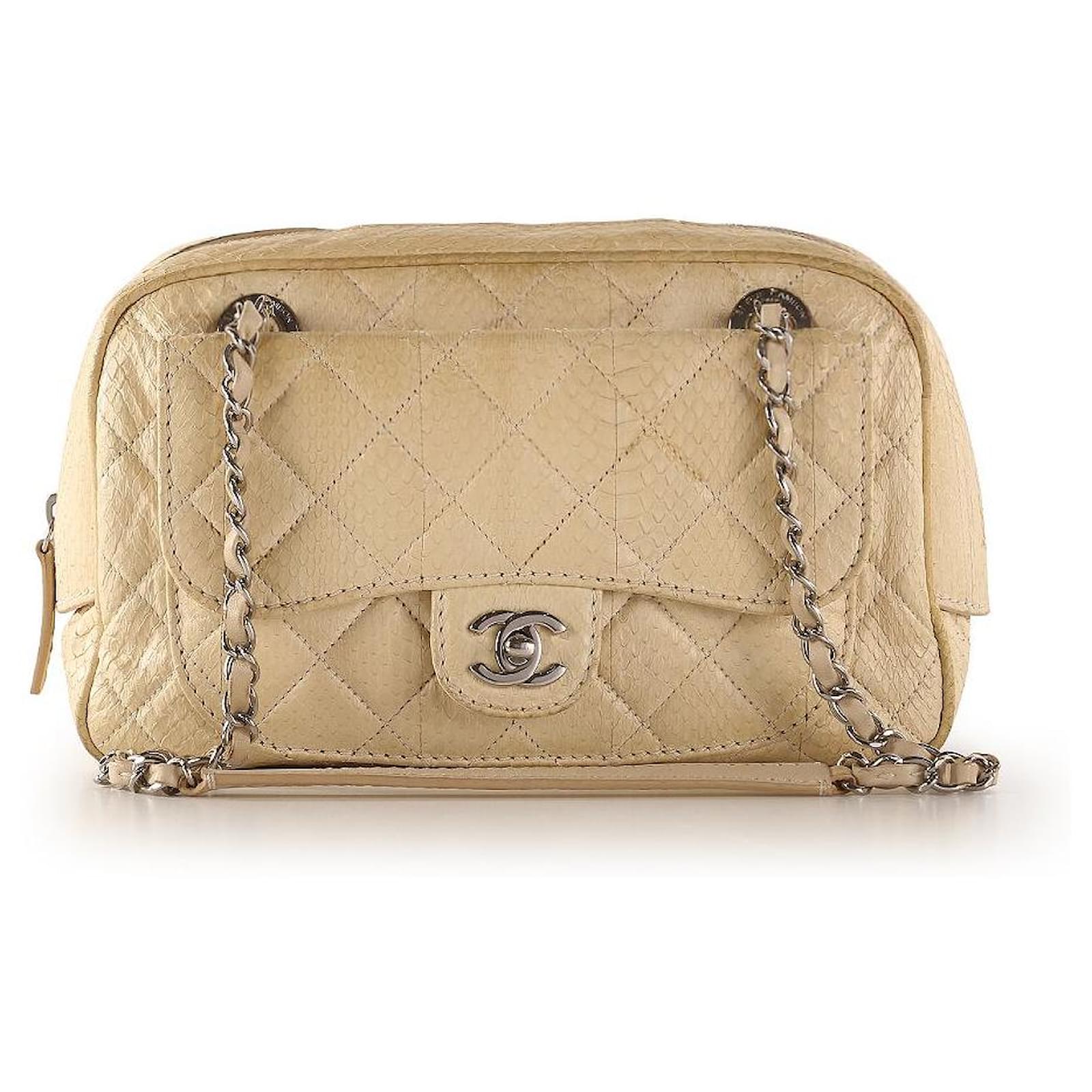 Chanel Vintage Beige Caviar Classic Quilted Flap Camera Case Bag