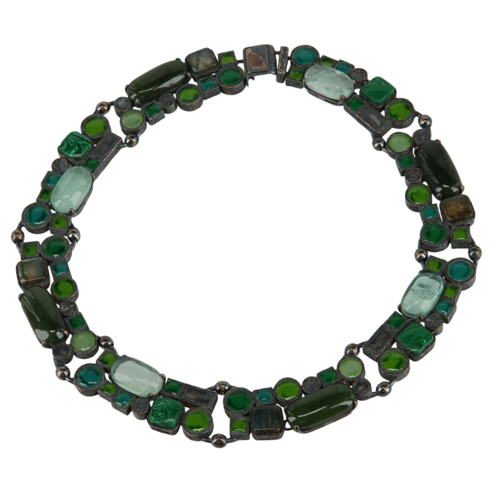 Collier Multi-pierres Indien - Longueur 29-30 Cm, Pierres Rectangulaires Sur Base Cuivre, Style Ethnique Bohème