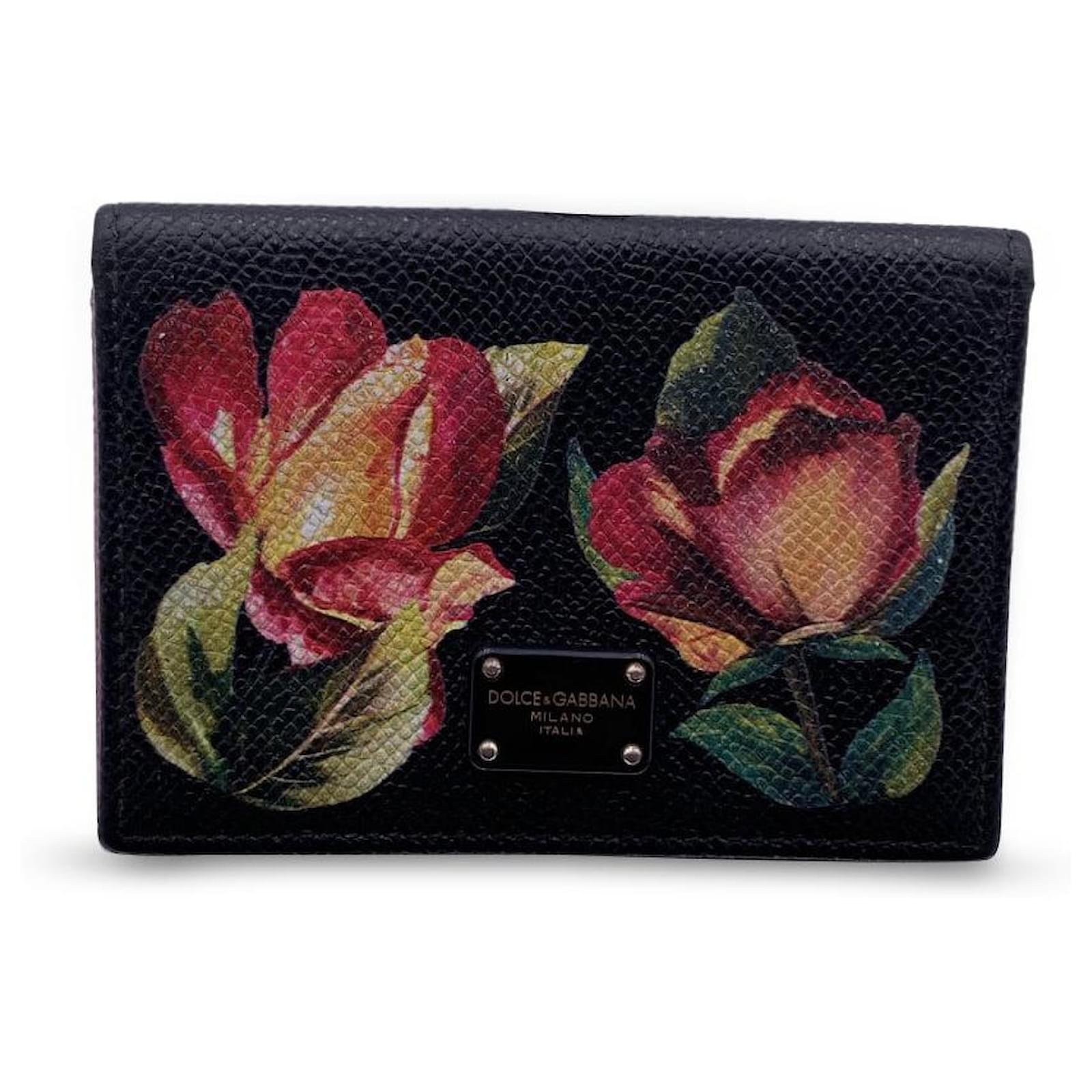 Dolce & Gabbana Black Leather Floral Print Card Case Wallet  -  Joli Closet