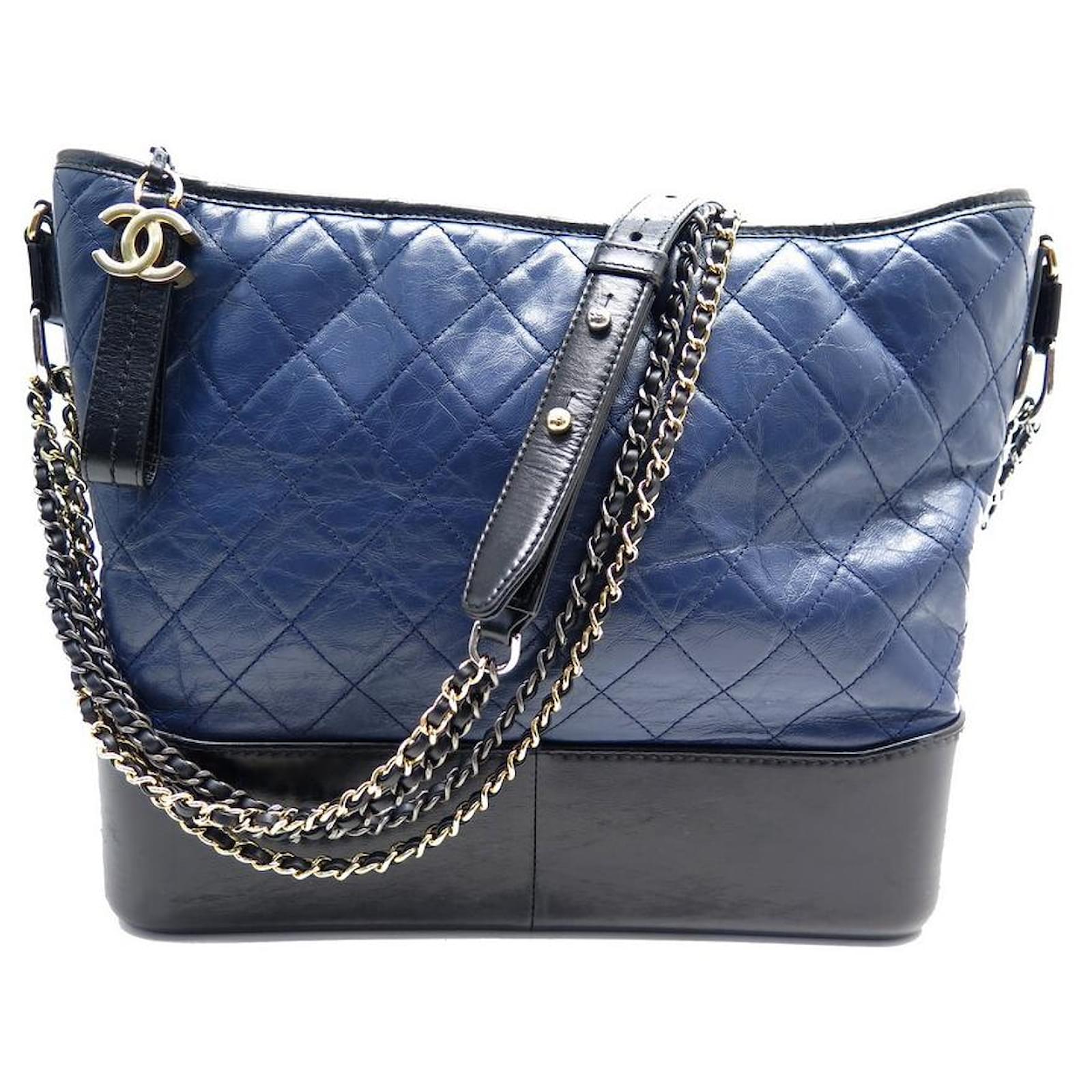 CHANEL Calfskin Quilted Small Gabrielle Bucket Navy Blue Black