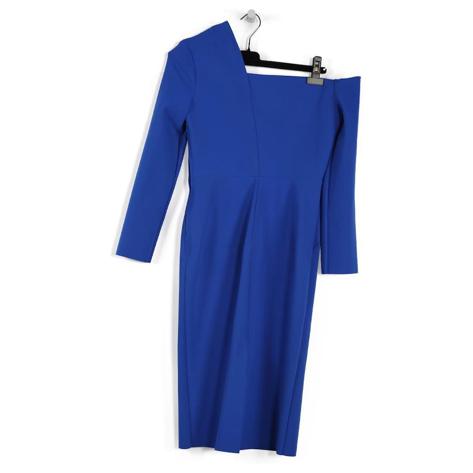 Autre Marque Greta Constantine Blue Neoprene Asymmetrical Neckline Midi  Dress (Sold) - Joli Closet