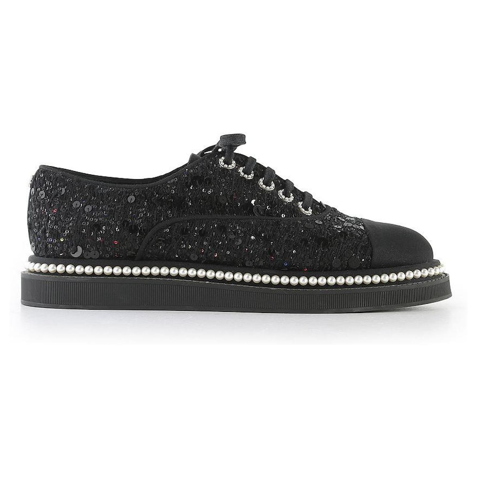 Chanel Sneakers Black White Tweed Crystal Pearl Trim Lace Up