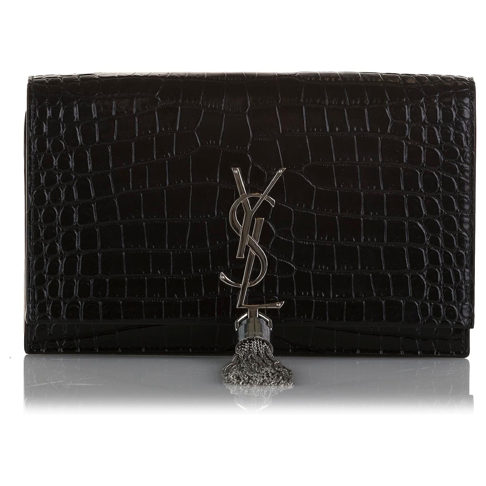 Saint Laurent Kate Croc-Embossed Wallet on Chain