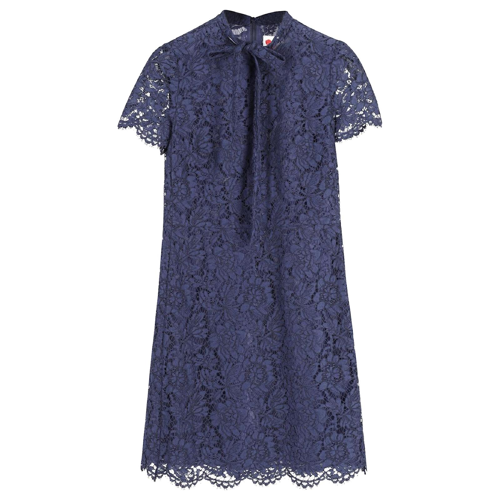Valentino Robe mi-longue droite en dentelle ?� col ruban en coton bleu marine ref.795875 - Joli 