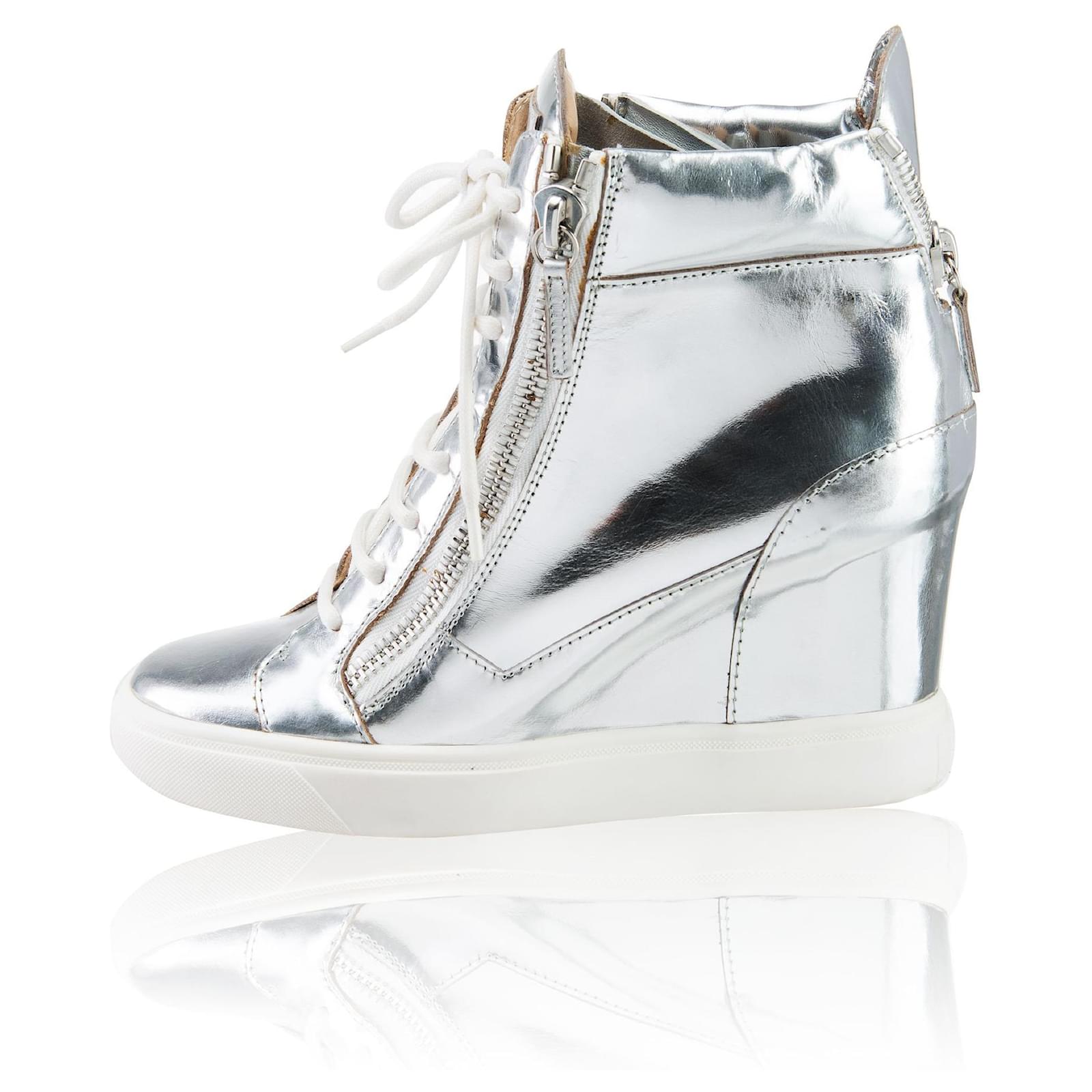 Silver Metallic Shiny Mirror Platforms Lace Up High Top Wedges Sneakers  Shoes