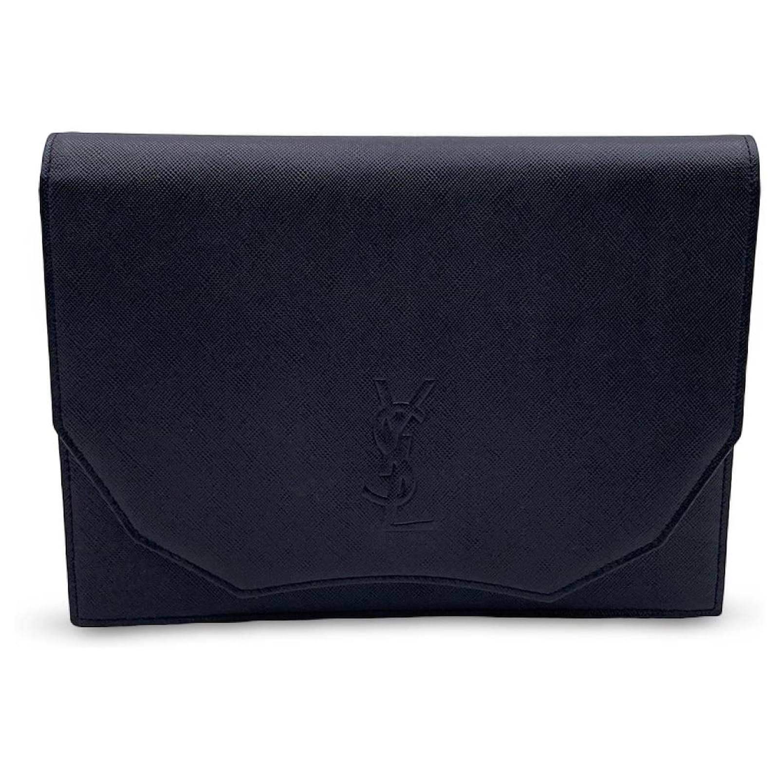 Yves Saint Laurent Vintage Black Leather YSL Logo Clutch Bag Handbag