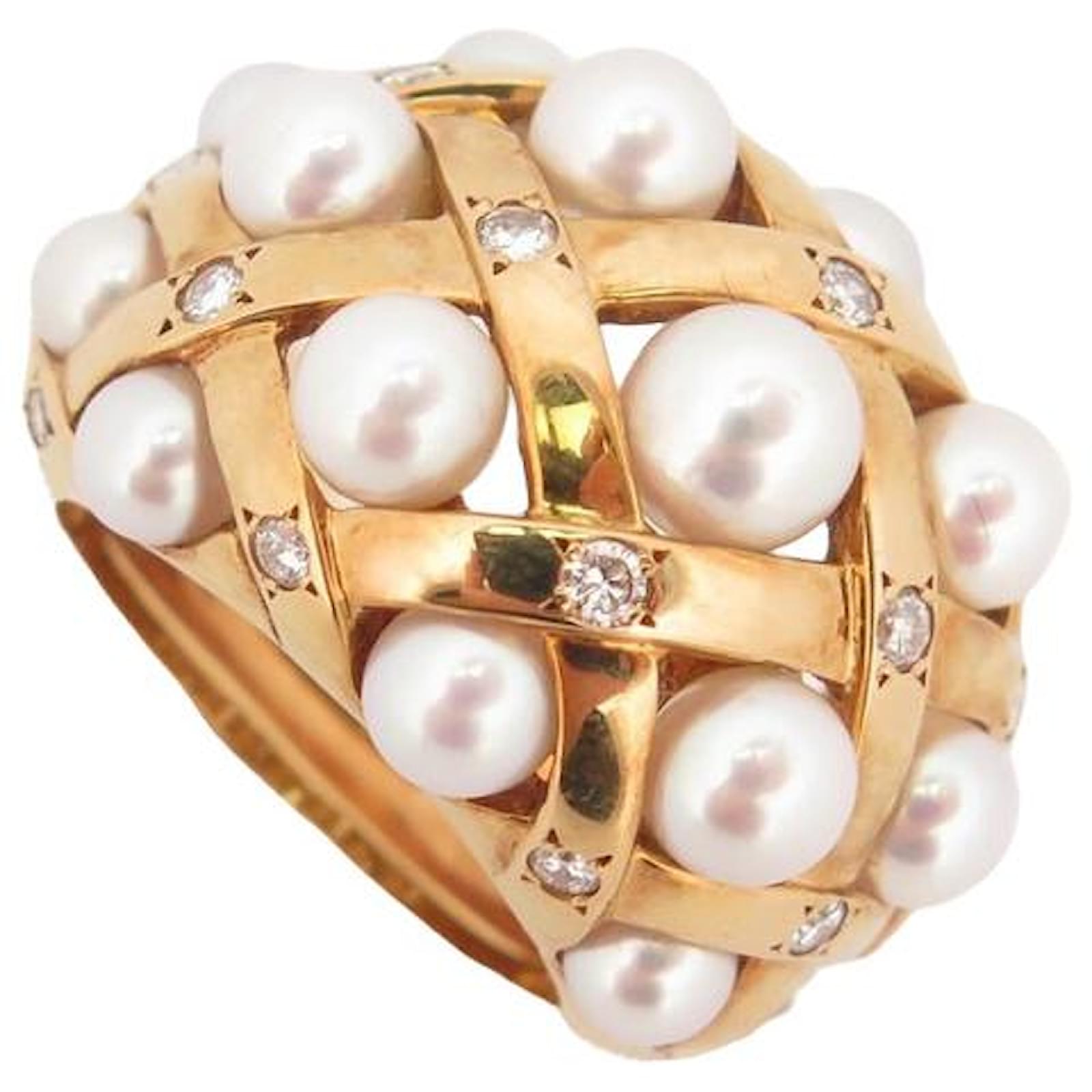 Rings Chanel Vintage Chanel Baroque T RING50 Yellow Gold 18K Pearls & Diamonds Diamonds Ring
