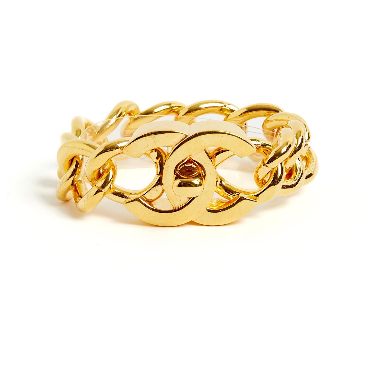 Chanel Cc Turnlock Motif Rhinestone Charm Gold Chain Bracelet 96a