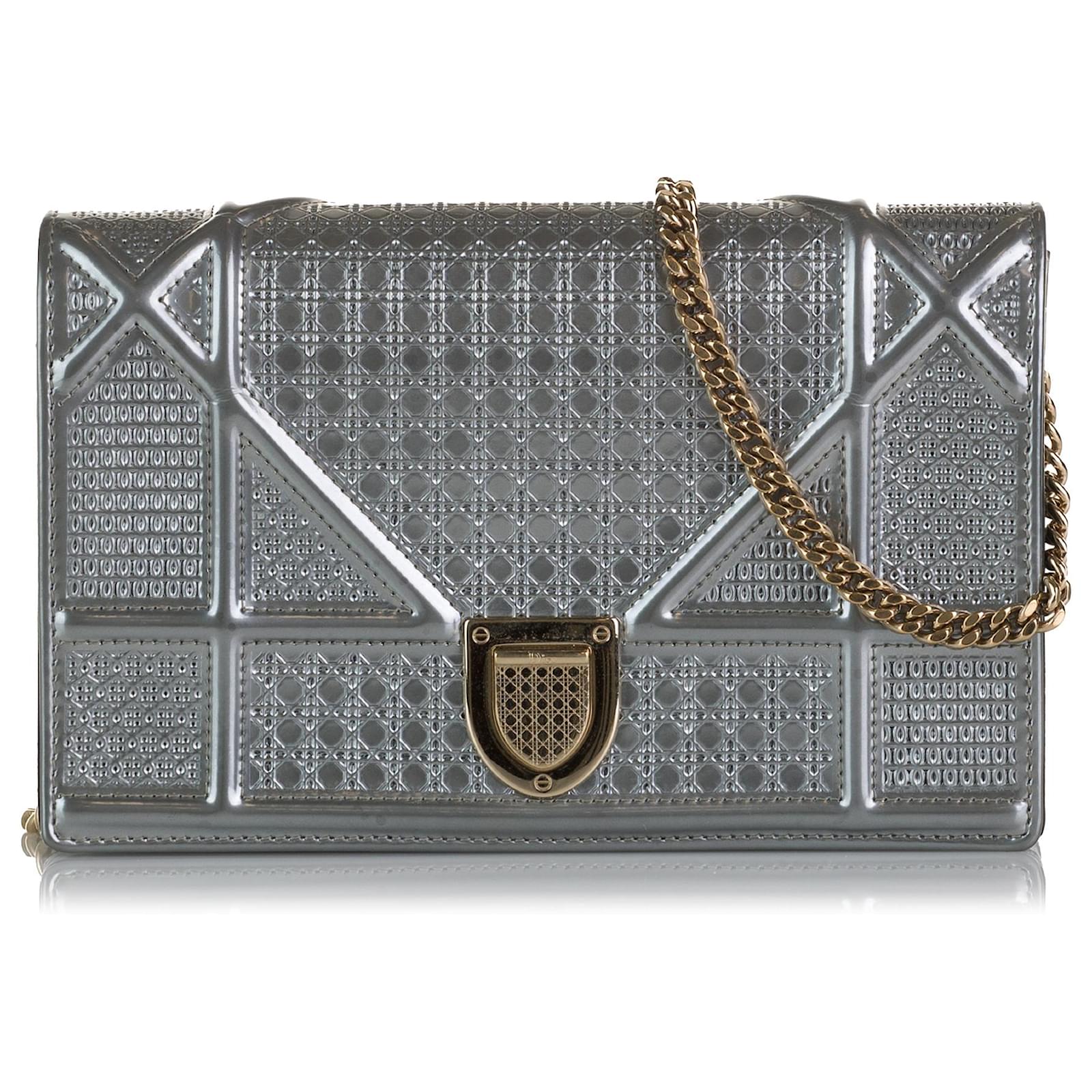 Dior Silver Microcannage Diorama Wallet on Chain Silvery Leather Patent ...