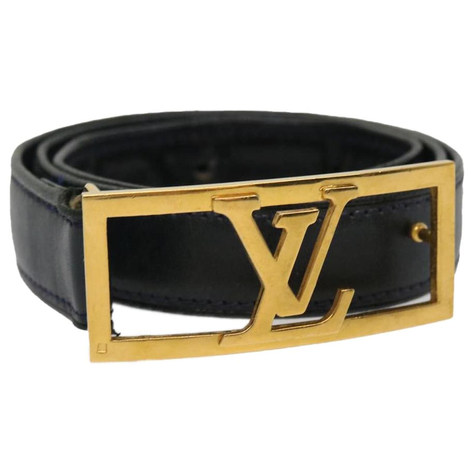 LOUIS VUITTON Black grained leather belt with gold jew…