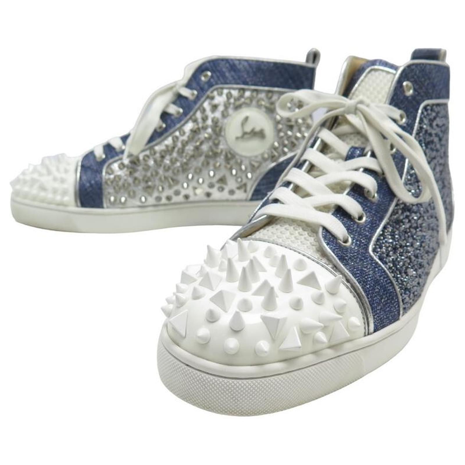 NEW CHRISTIAN LOUBOUTIN LOUIS MIX MID TOP SPIKED DENIM SHOES 45 SHOES Blue  Leather ref.801983 - Joli Closet