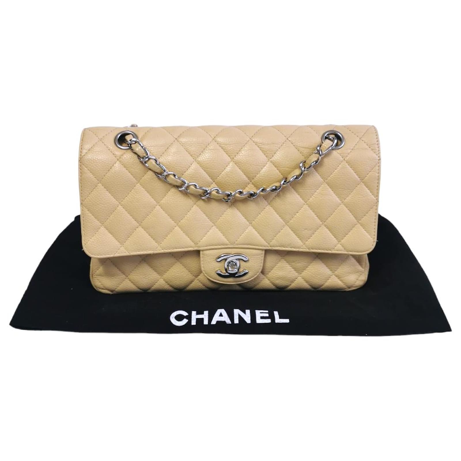 Chanel Classic Double Flap Medium Beige Caviar Silver