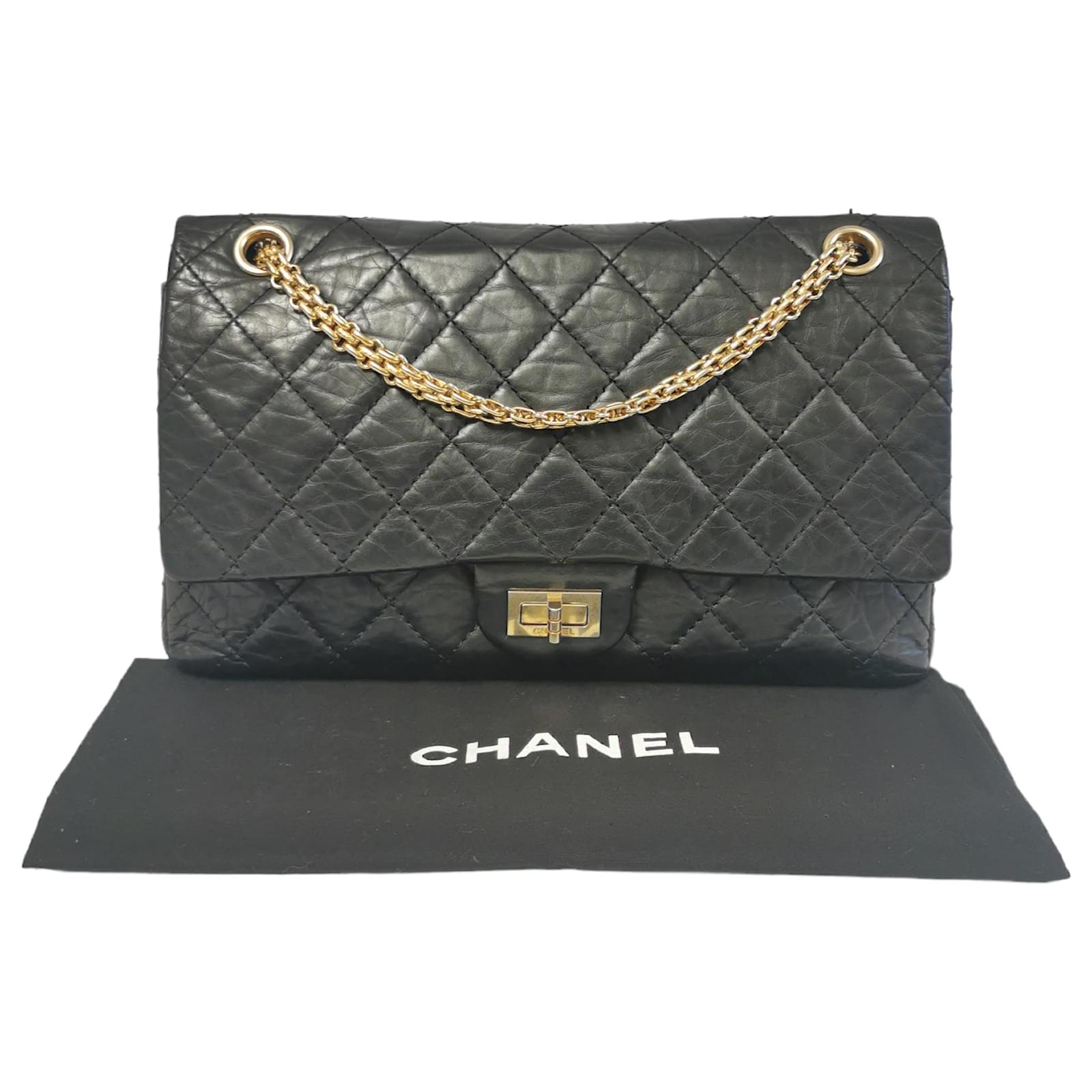 Mademoiselle Chanel 2.55 Reissue Jumbo Black Aged Calfskin Gold Leather ...