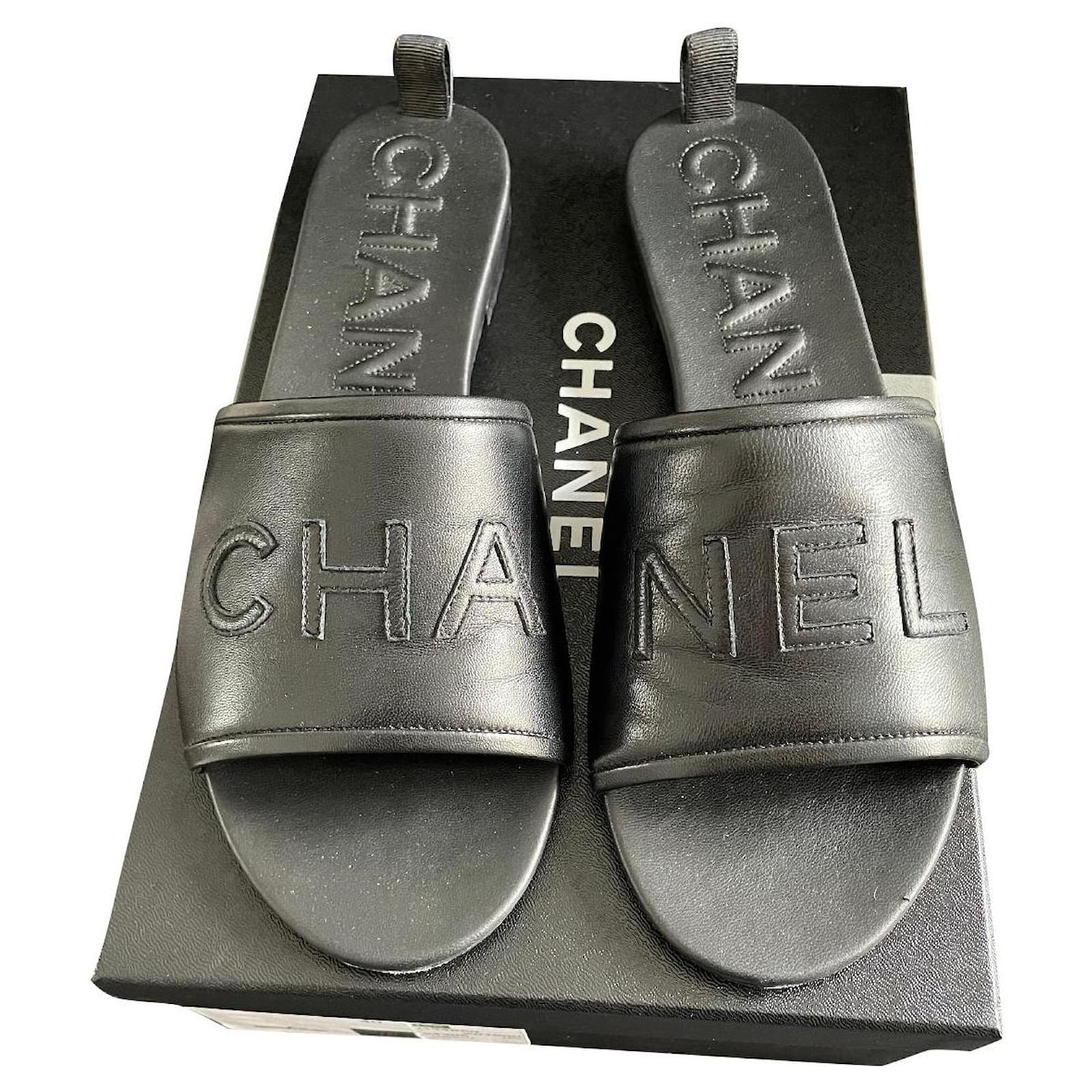 chanel black leather mules