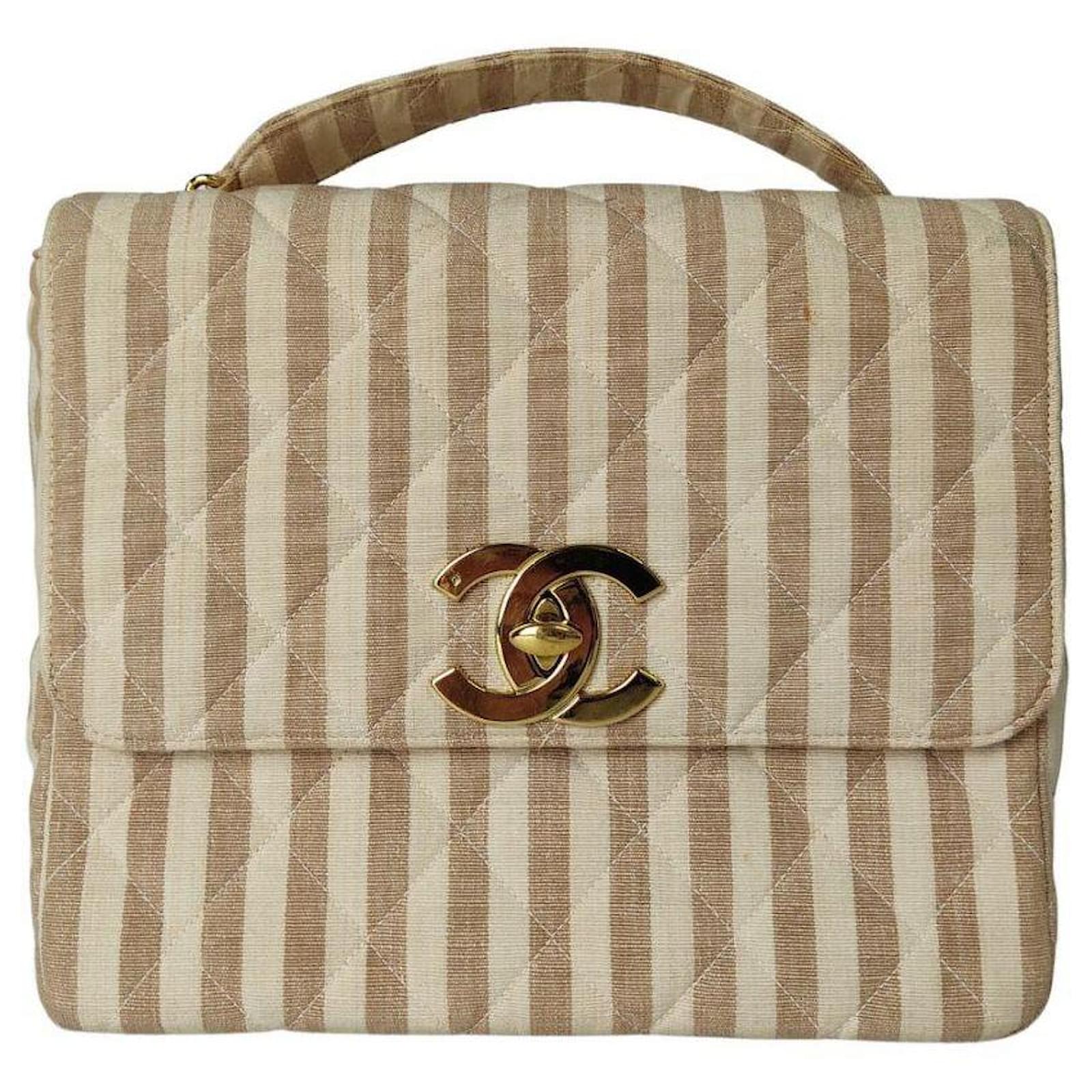 Chanel vintage handbag in striped cotton Beige Cloth ref.805854