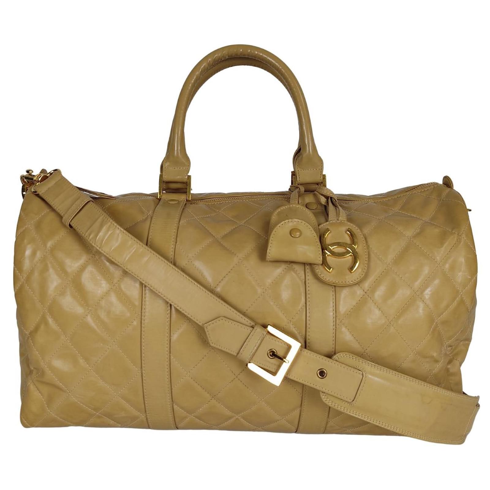 Travel Bag Chanel Chanel Quilted Travel Bag in Beige Patent Leather