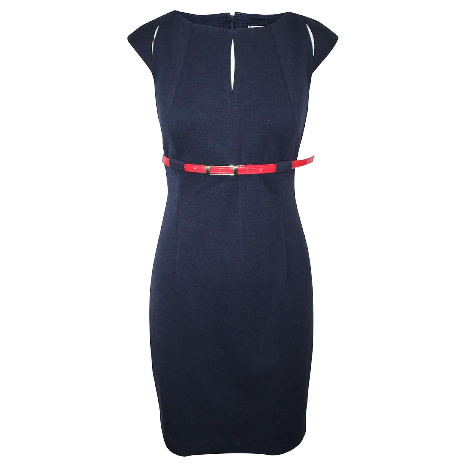 Calvin Klein Navy Blue Dress with Red Belt Wool  - Joli Closet