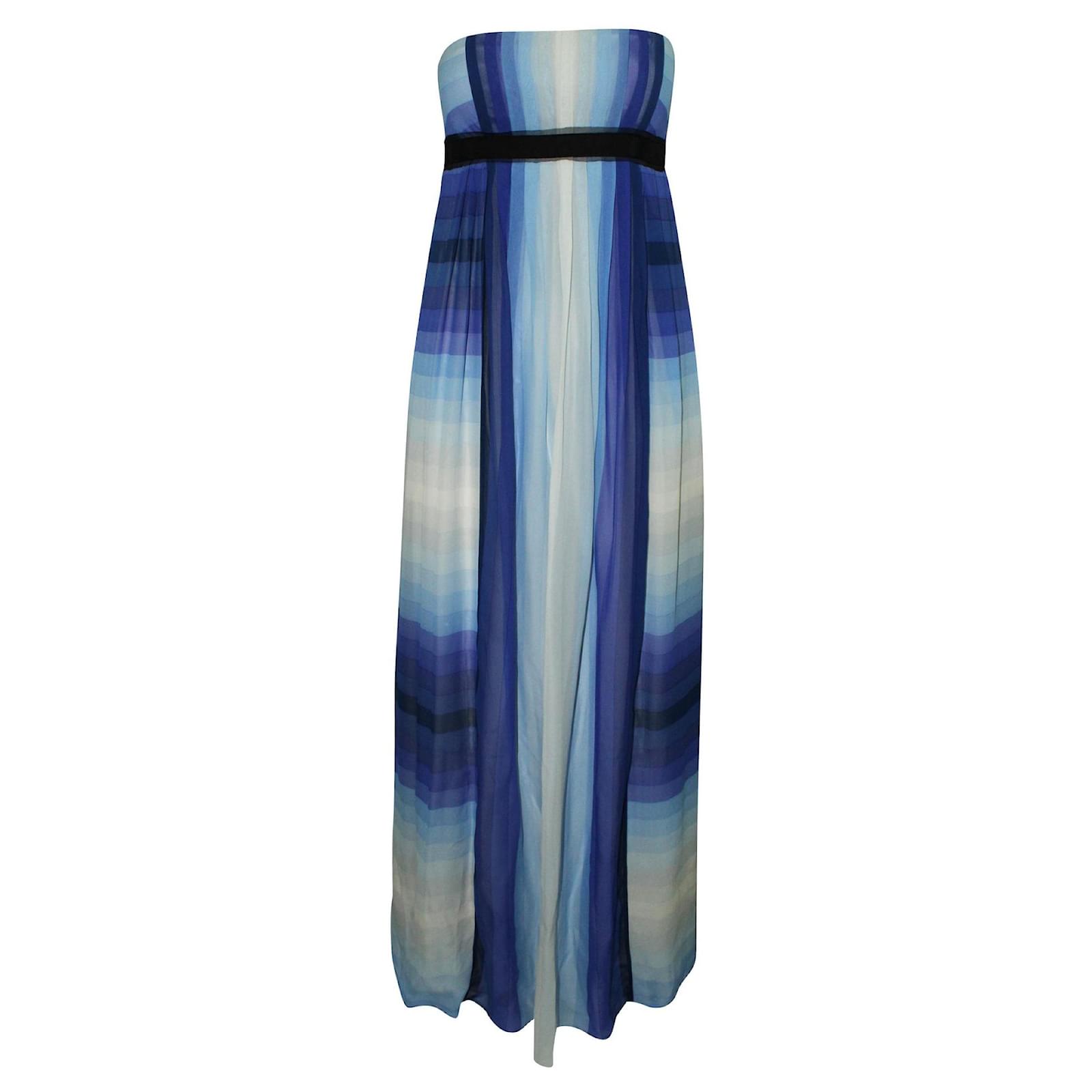 Bcbg Max Azria Elegant Blue Striped Strapless Maxi Gown Silk ref