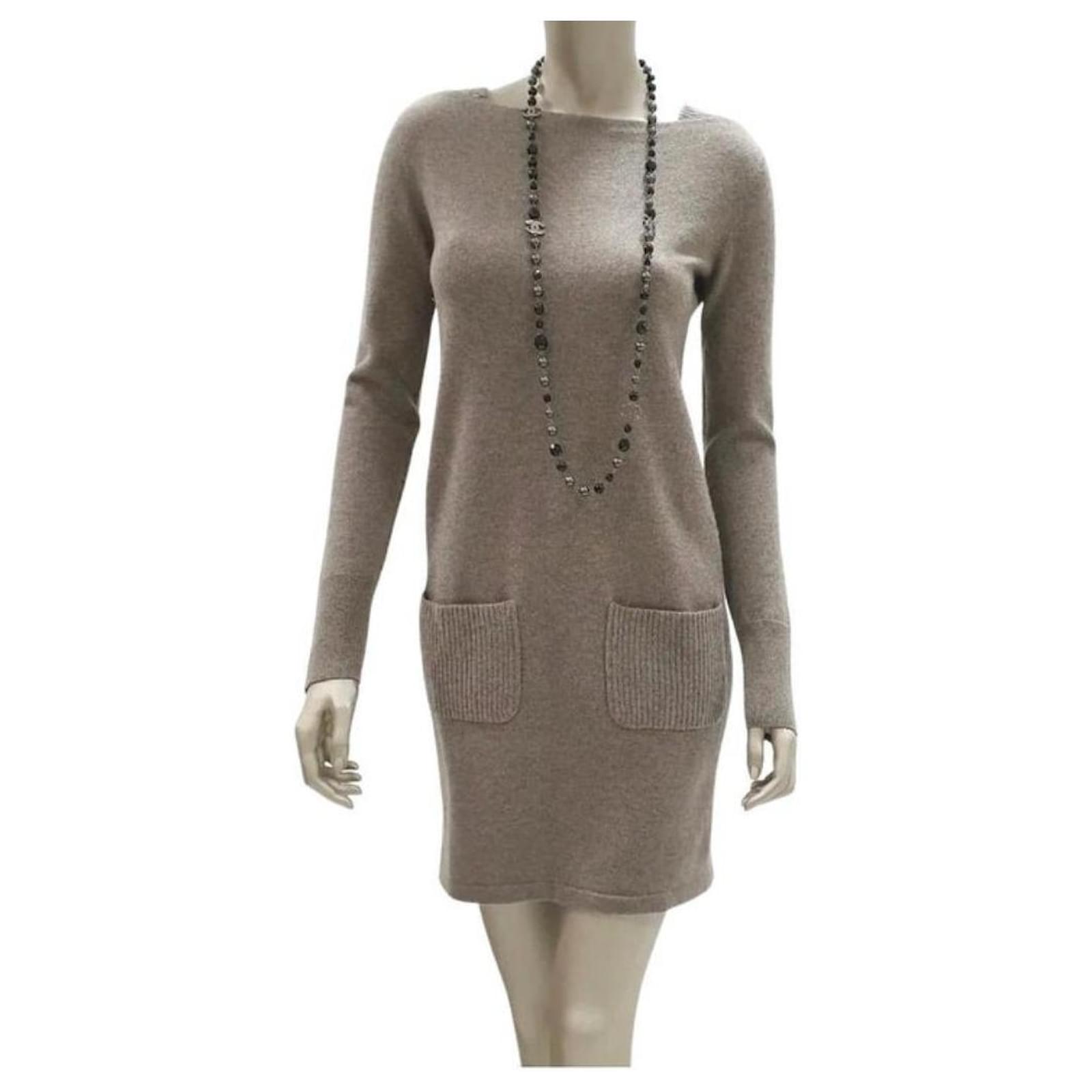Chanel Wool Cashmere Lurex Knit CC Logo Buttons Sweater Dress Brown   - Joli Closet