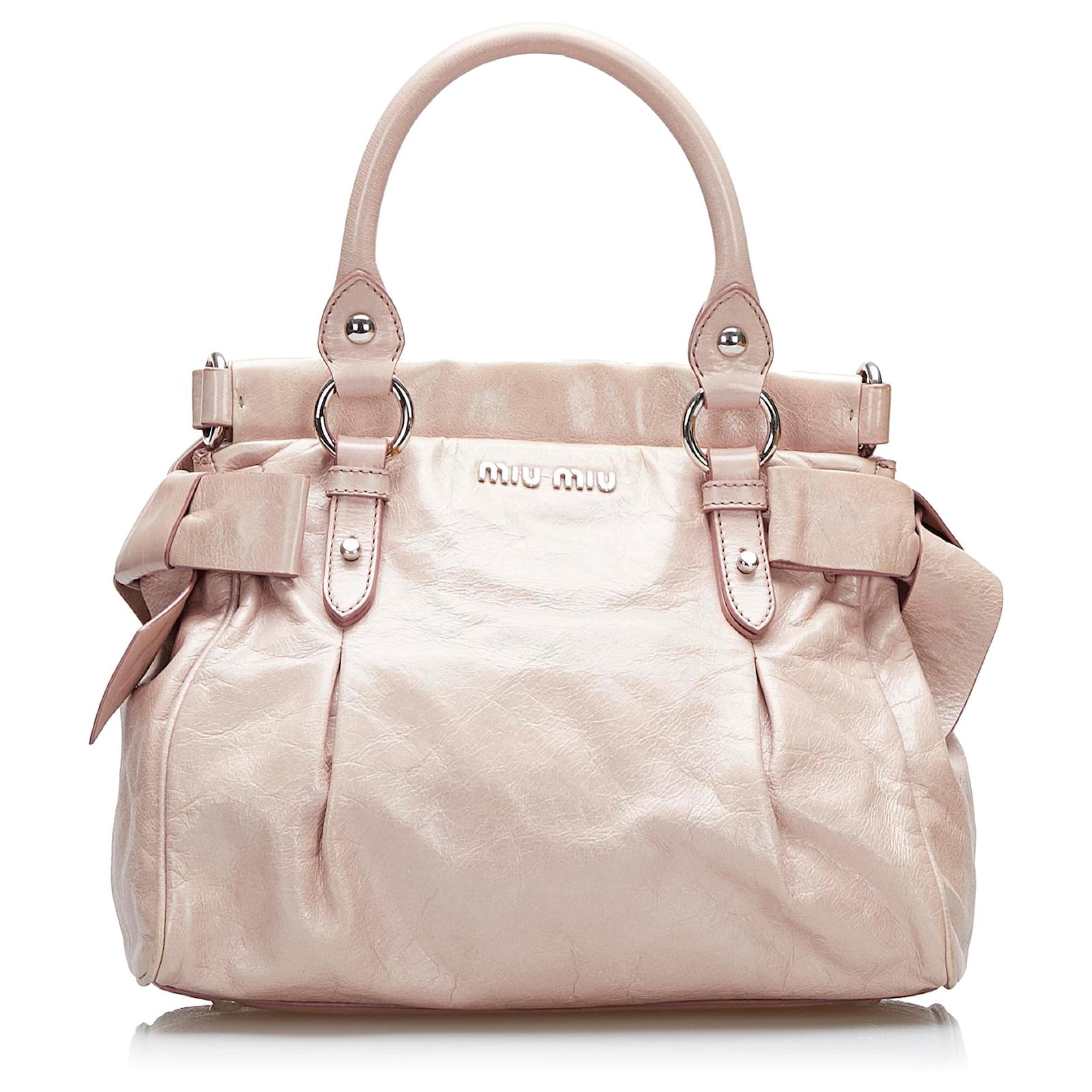 Brown Miu Miu Vitello Lux Bow Satchel Handbag