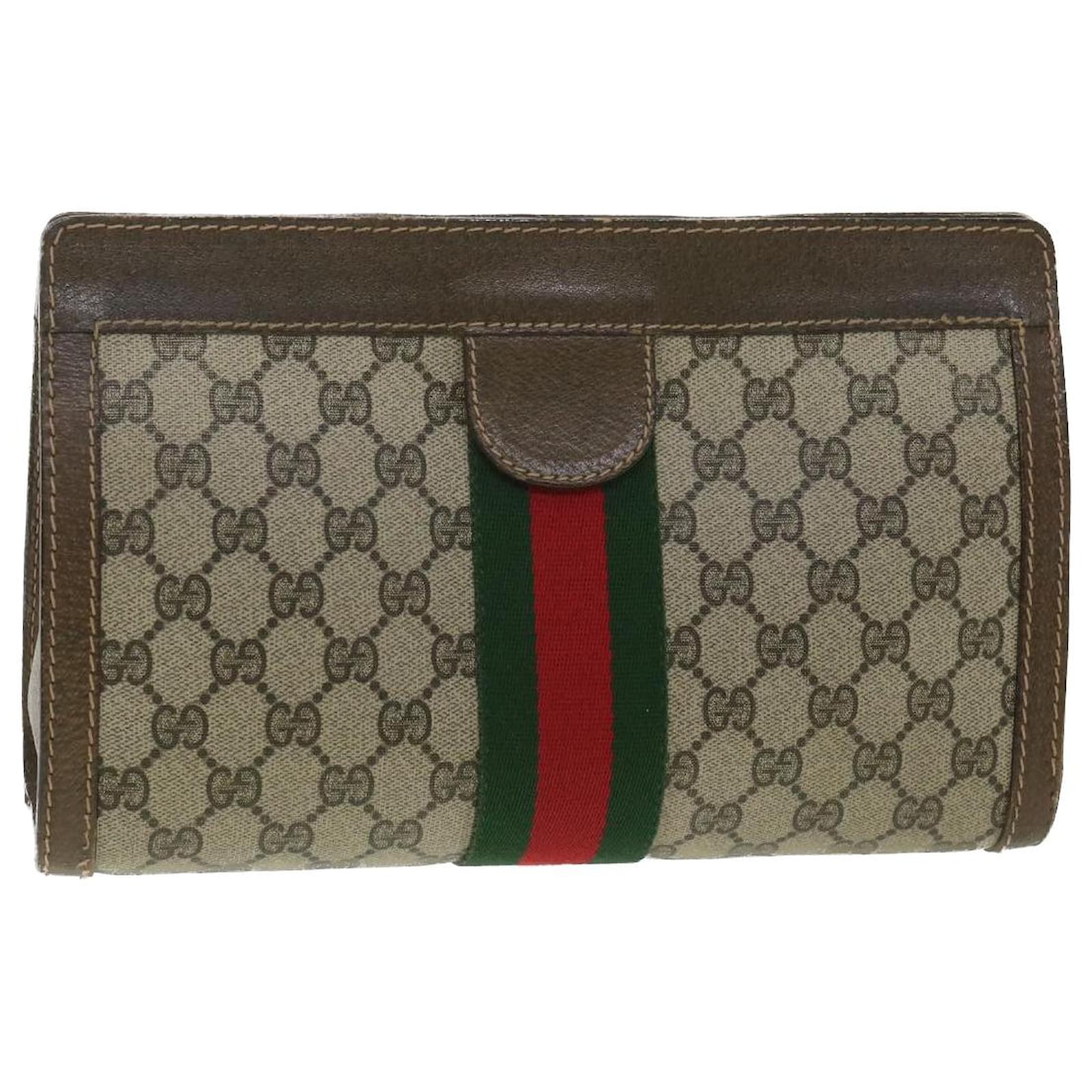 GUCCI GG Canvas Web Sherry Line Clutch Bag Beige Red Green 010.378 auth ...