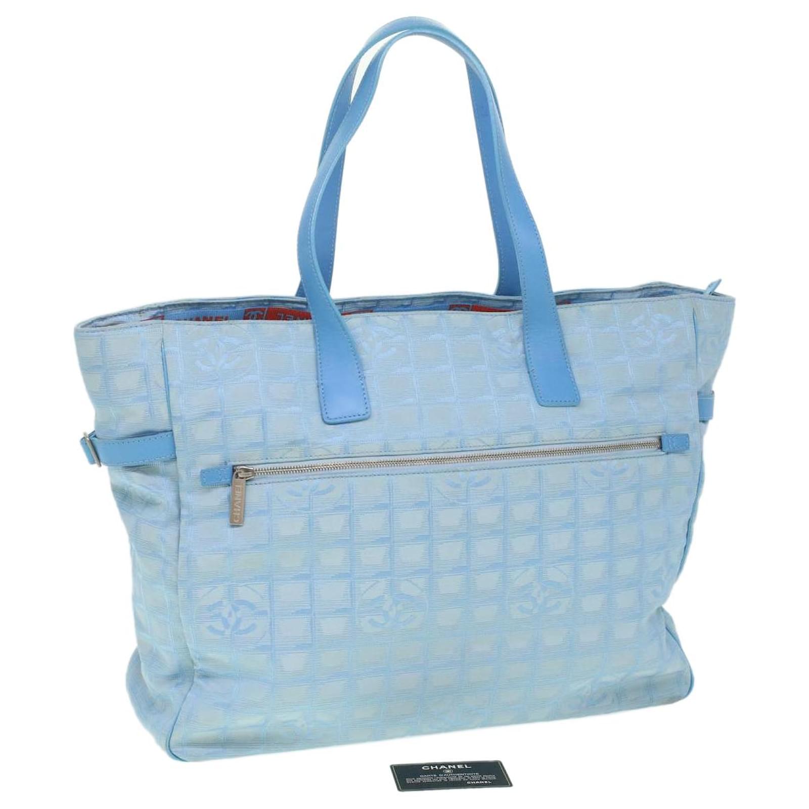 CHANEL Baby Blue Jacquard Travel Line Canvas Tote Bag