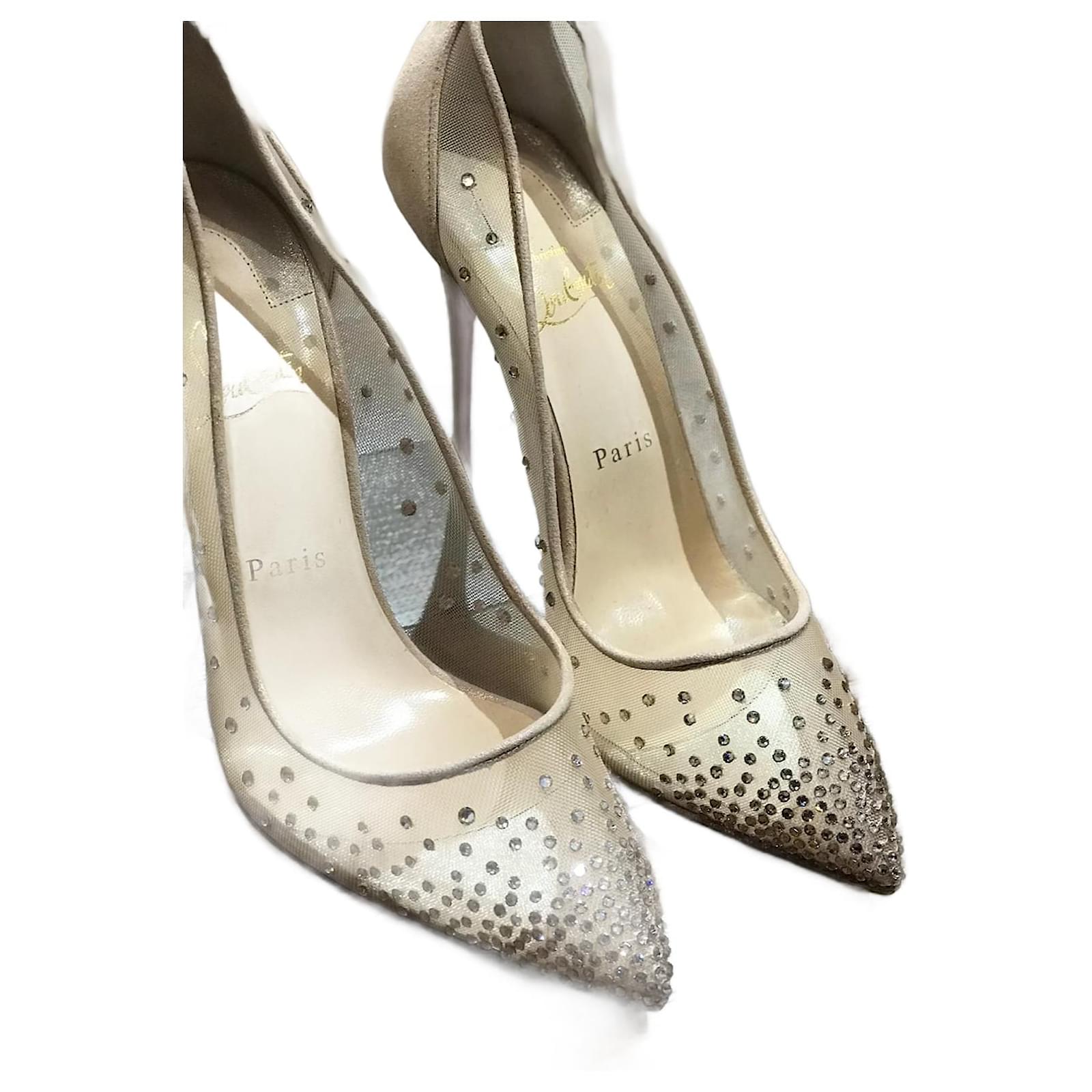 Christian Louboutin Beige/Silver Mesh and Leather Follies Strass Pumps Size  39.5 Christian Louboutin
