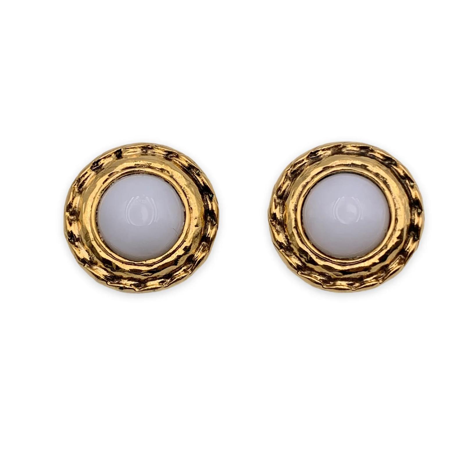 Earrings Chanel Vintage Gold Metal White Cabochons Clip on Earrings