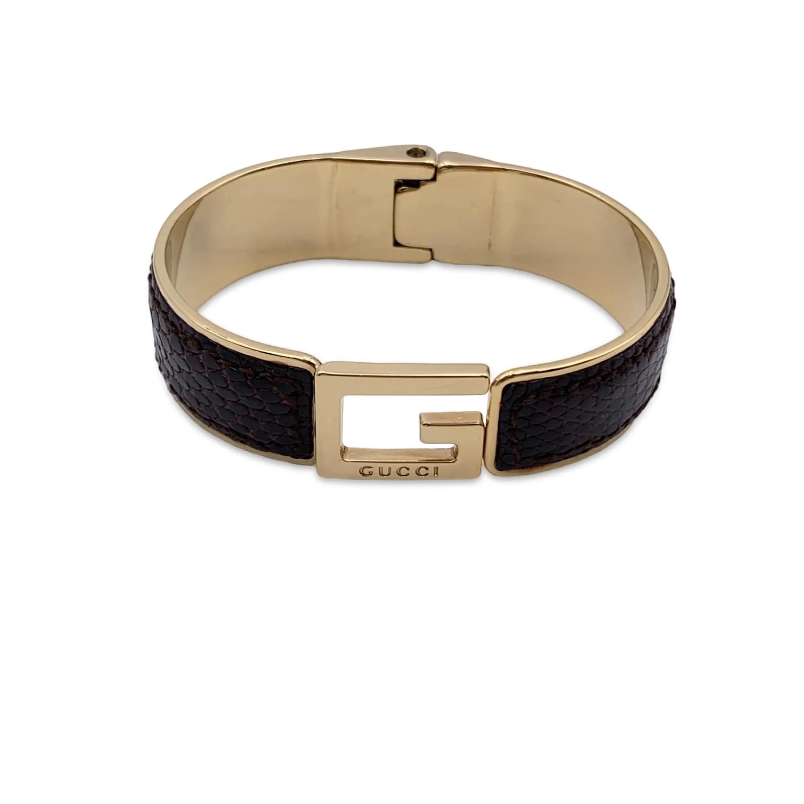 Gucci Vintage Gold Metal Brown Leather G Logo Bangle Bracelet