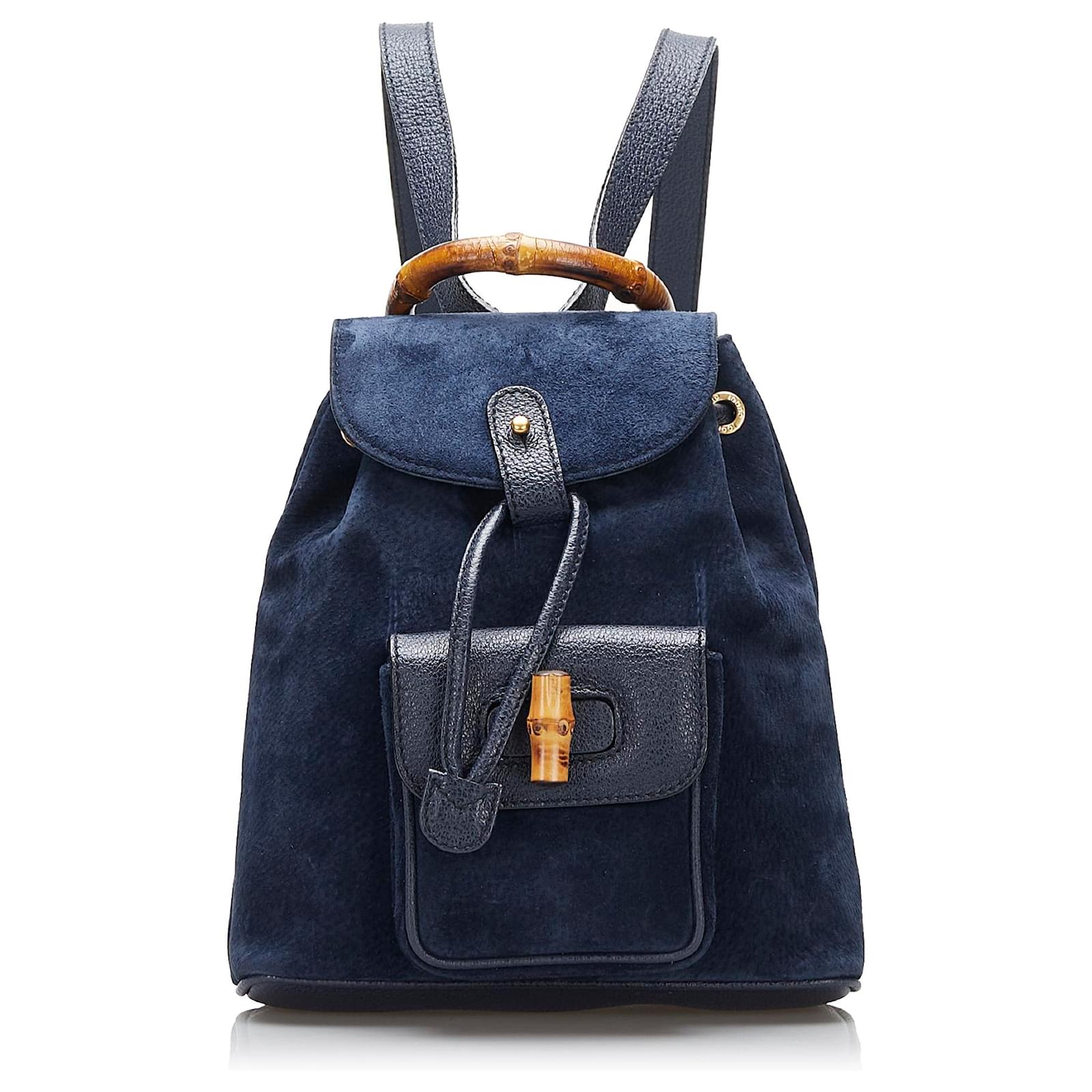 Gucci Blue Bamboo Suede Backpack Navy blue Leather ref.830531 Joli Closet