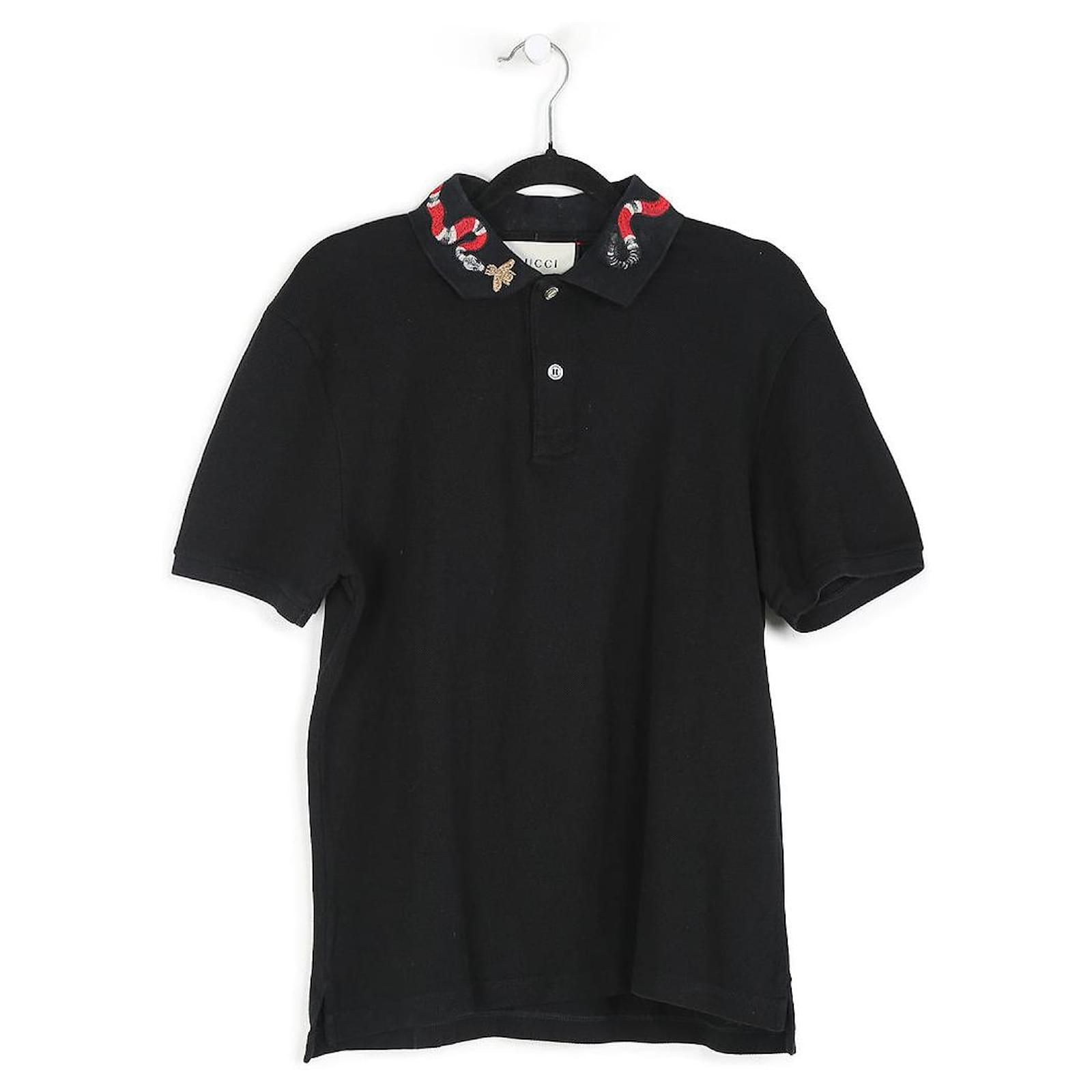løfte Peck længes efter Gucci Black Cotton Pique Snake Embroidered Collar Short Sleeves Polo  ref.830636 - Joli Closet
