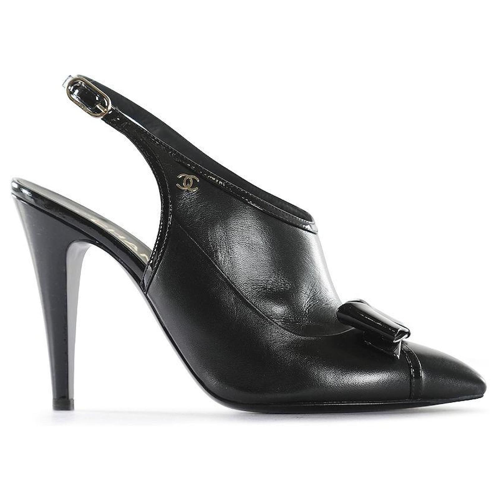 New Chanel Black Patent Leather Mules Classic Bow CC Logo Heels