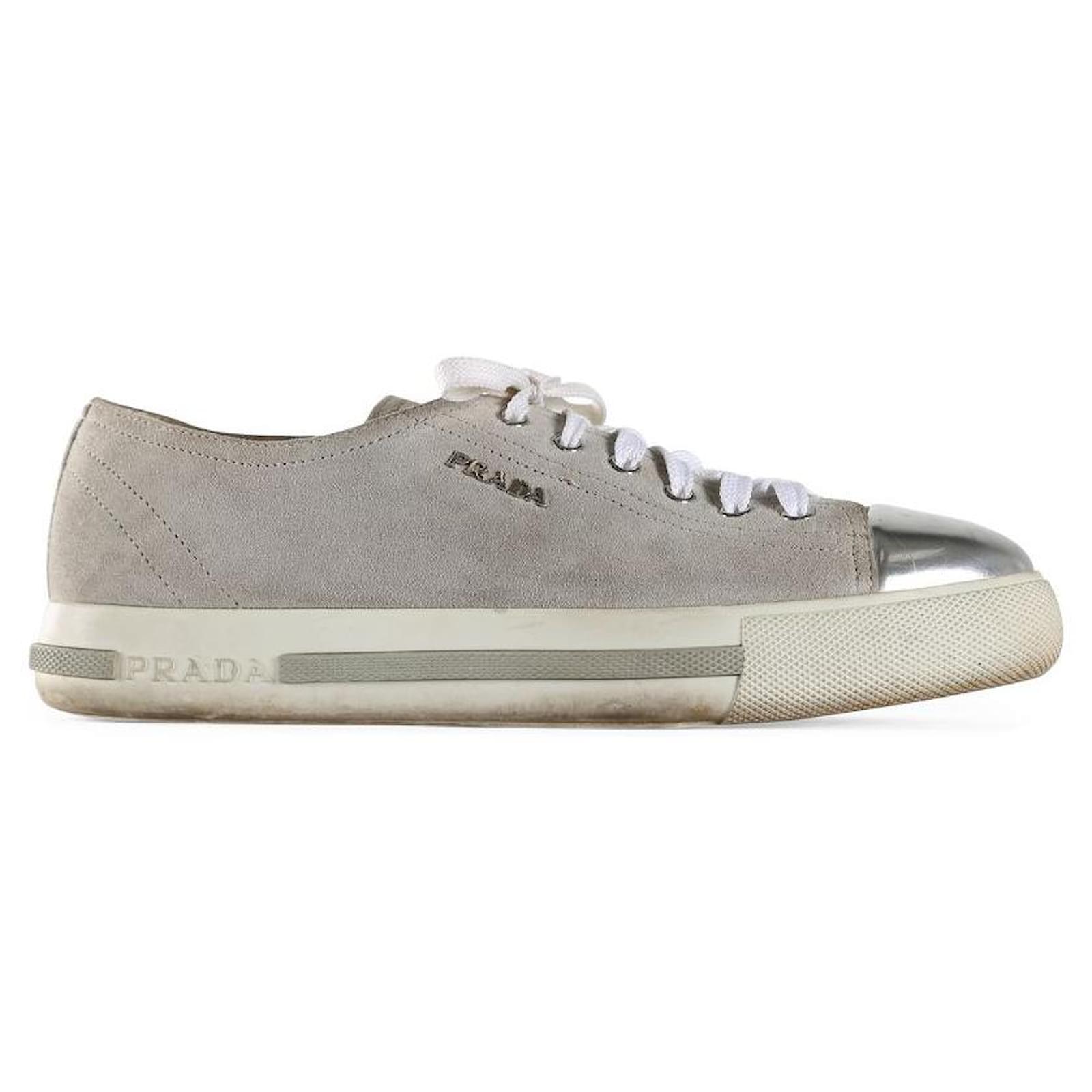 Prada Grey Suede & Silver Leather Cap Toe Platform Sneakers ref