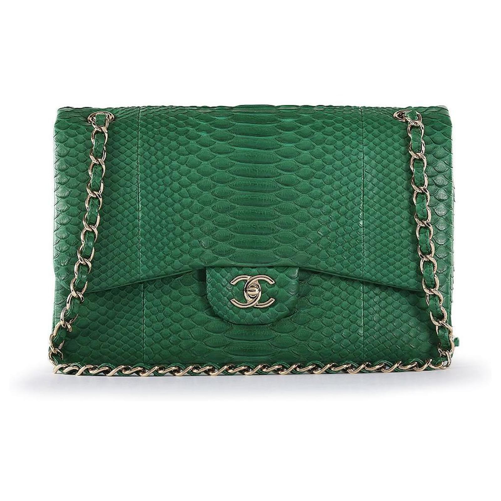 Chanel Jumbo Classic Fur and Python Leather Flap Bag Green