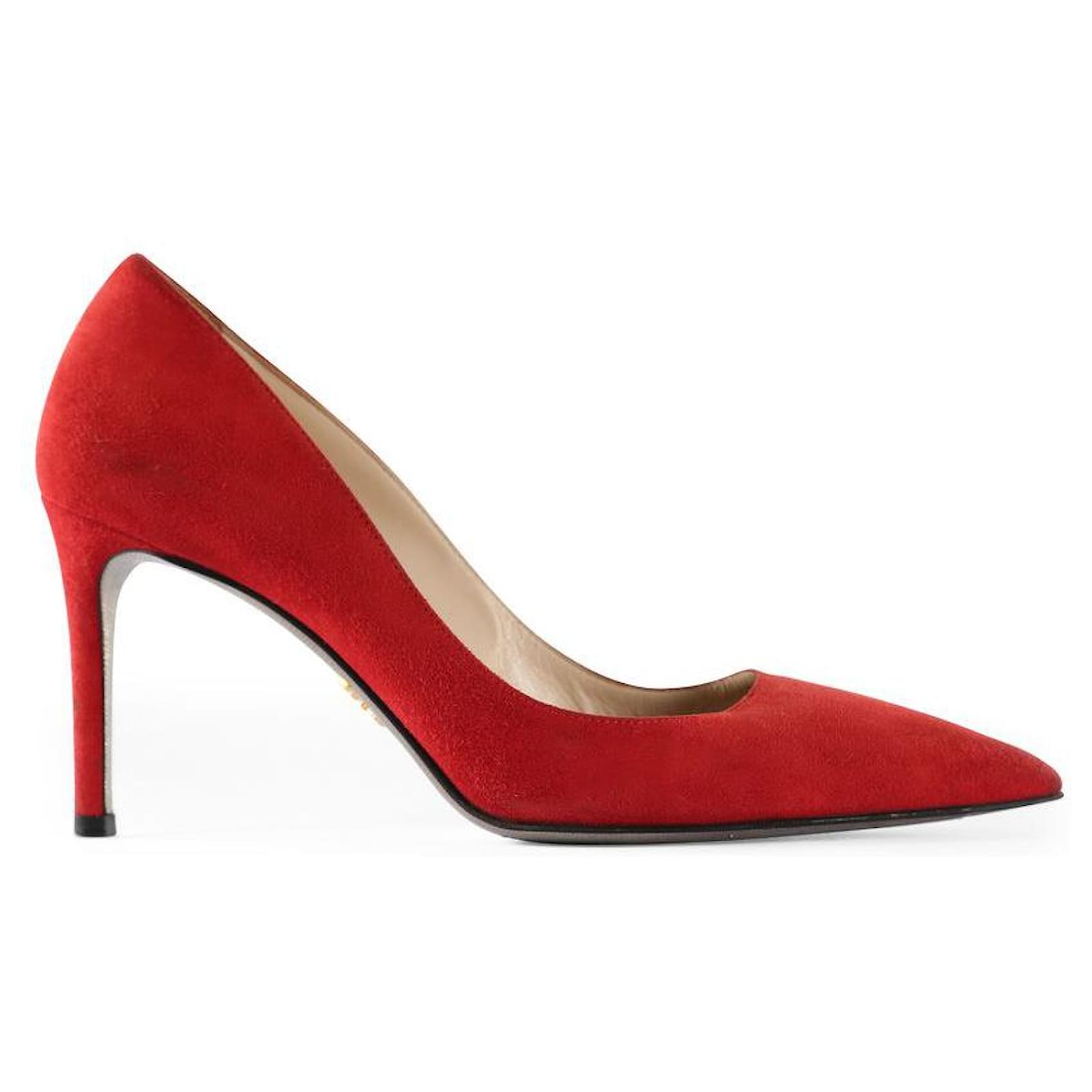 Prada red 2025 suede pumps