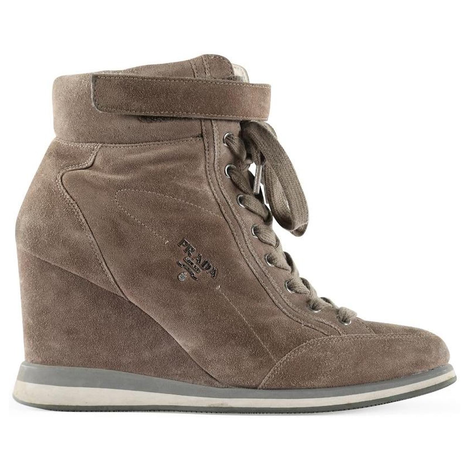 Prada Taupe Suede Wedge Lace Up Sneakers Brown ref.839822 Joli Closet