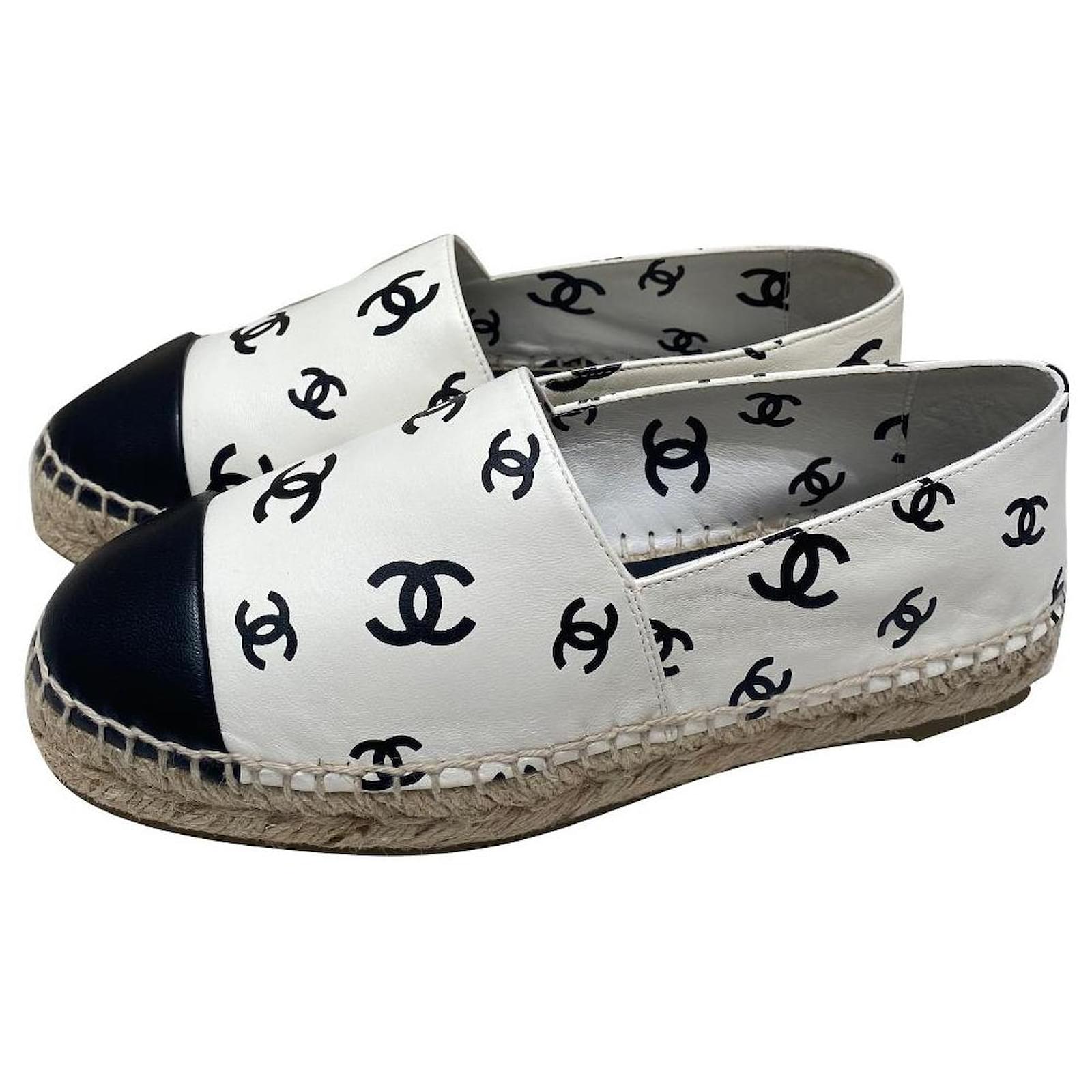 Chanel White and Black Canvas Espadrilles