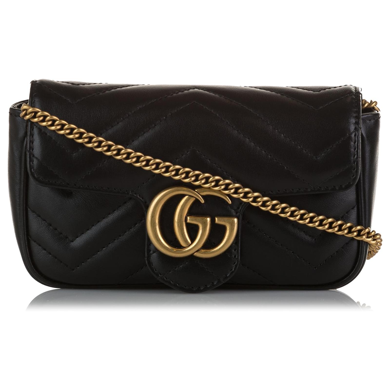 GUCCI Calfskin Matelasse Super Mini GG Marmont Shoulder Bag Black